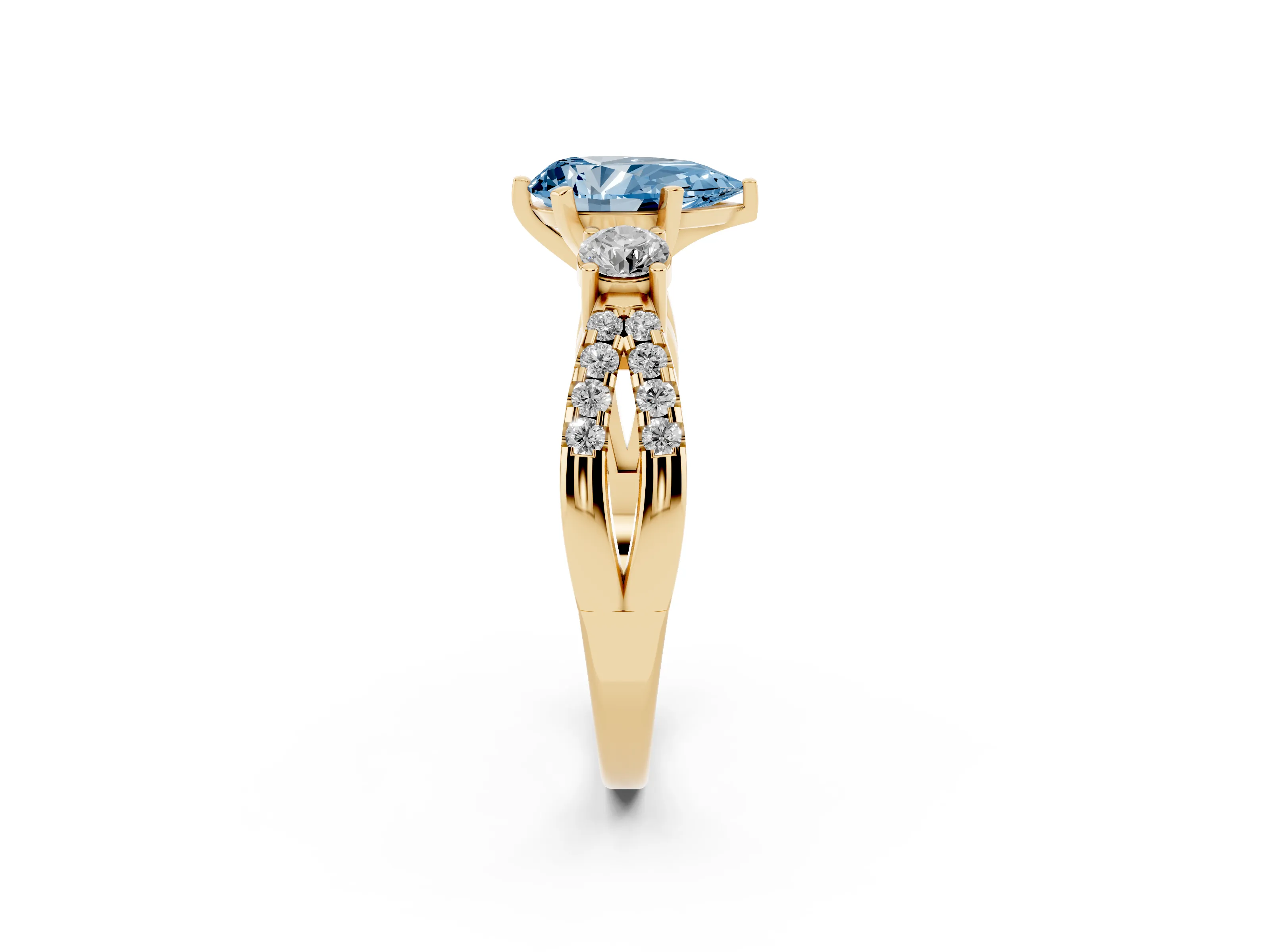 Fancy Blue Pear Cut Diamond Three-Stone Ring Set in Yellow gold with Pavé Split Shank and Prong Setting