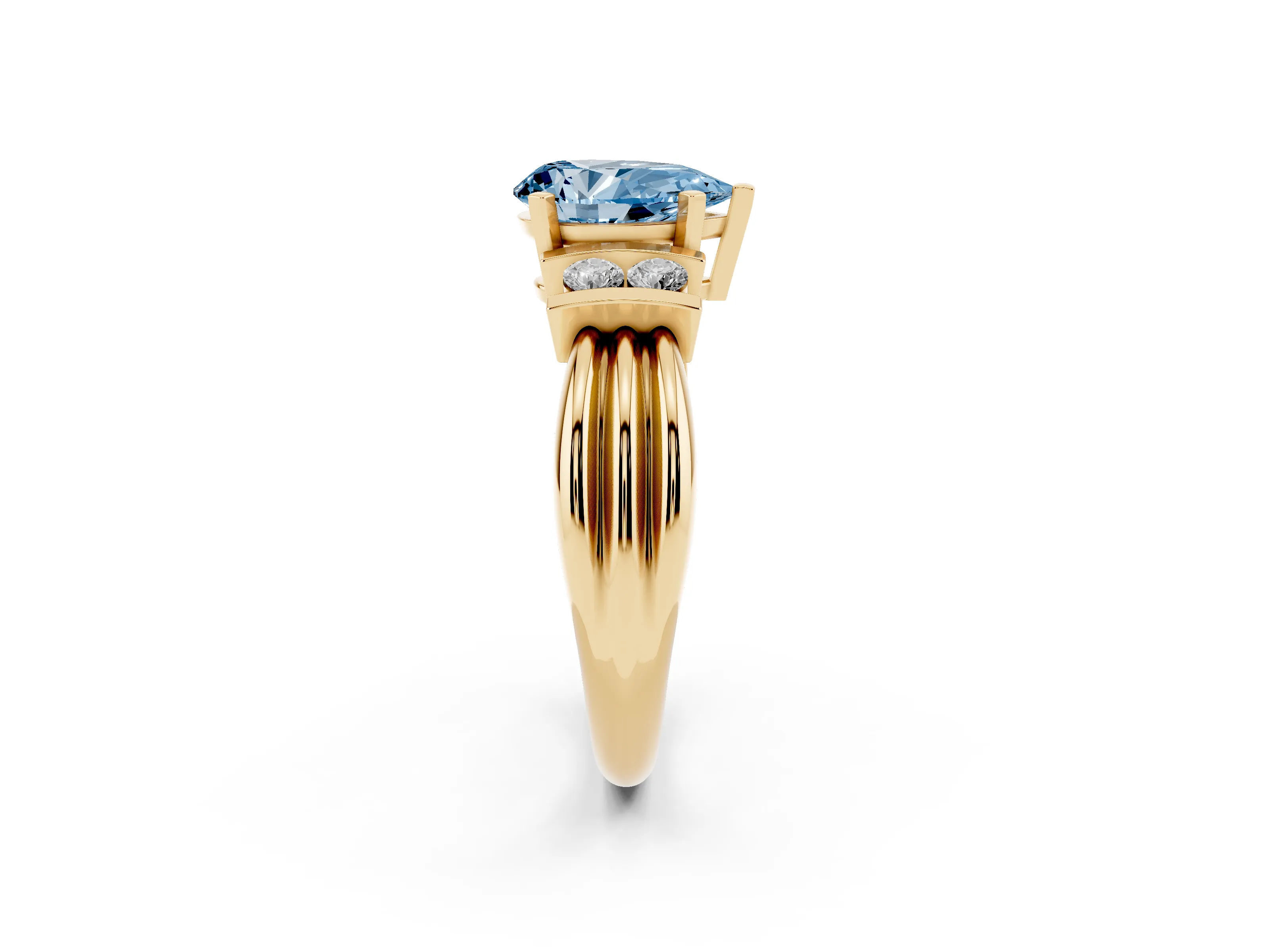Fancy Blue Three-Stone Pear Cut Diamond Channel Set Ring Set in Yellow gold with Bar Prongs