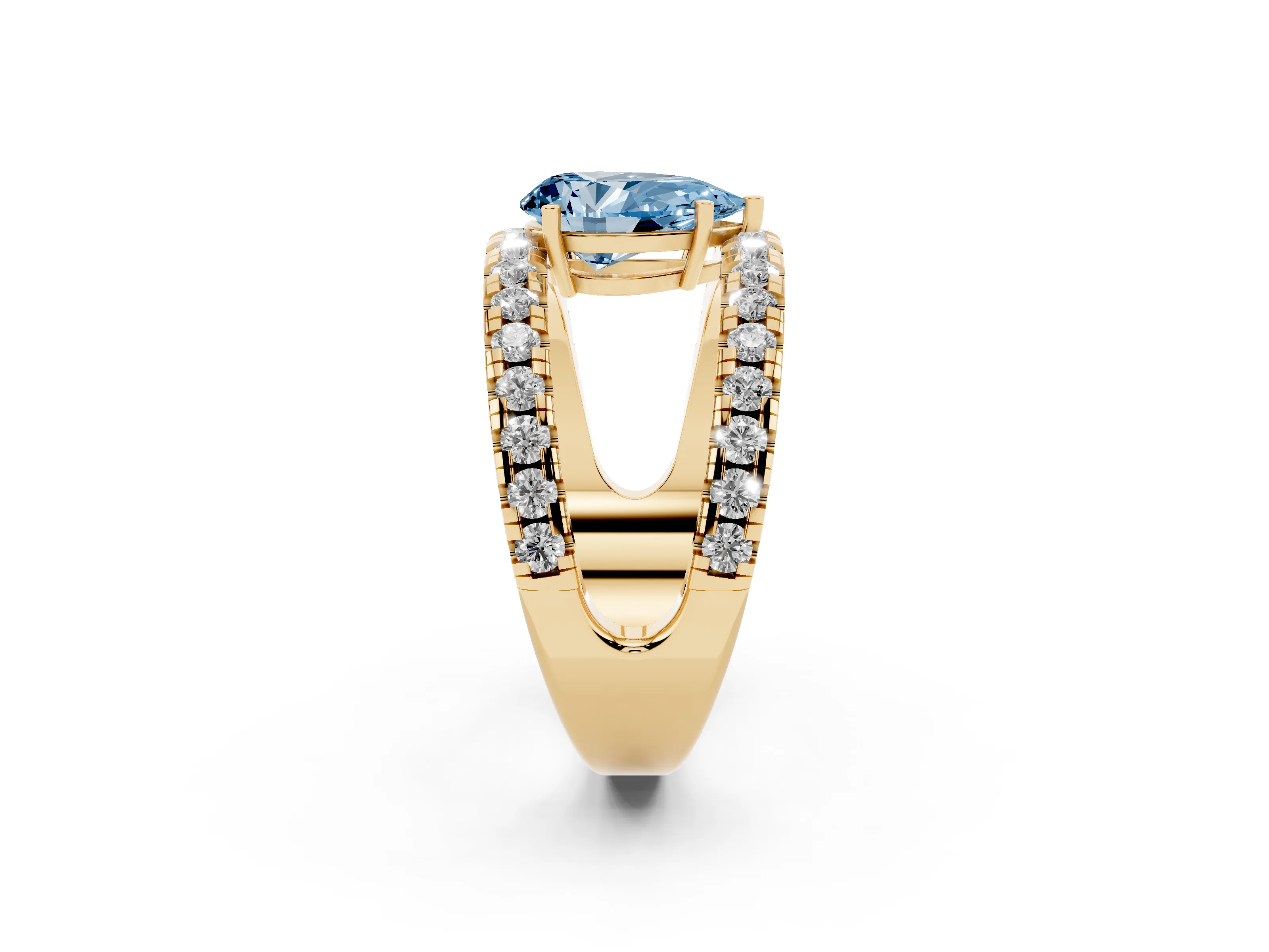 Fancy Blue Pear Cut Diamond Split Shank Pavé Solitaire Ring Set in Yellow gold with Open Shank Design