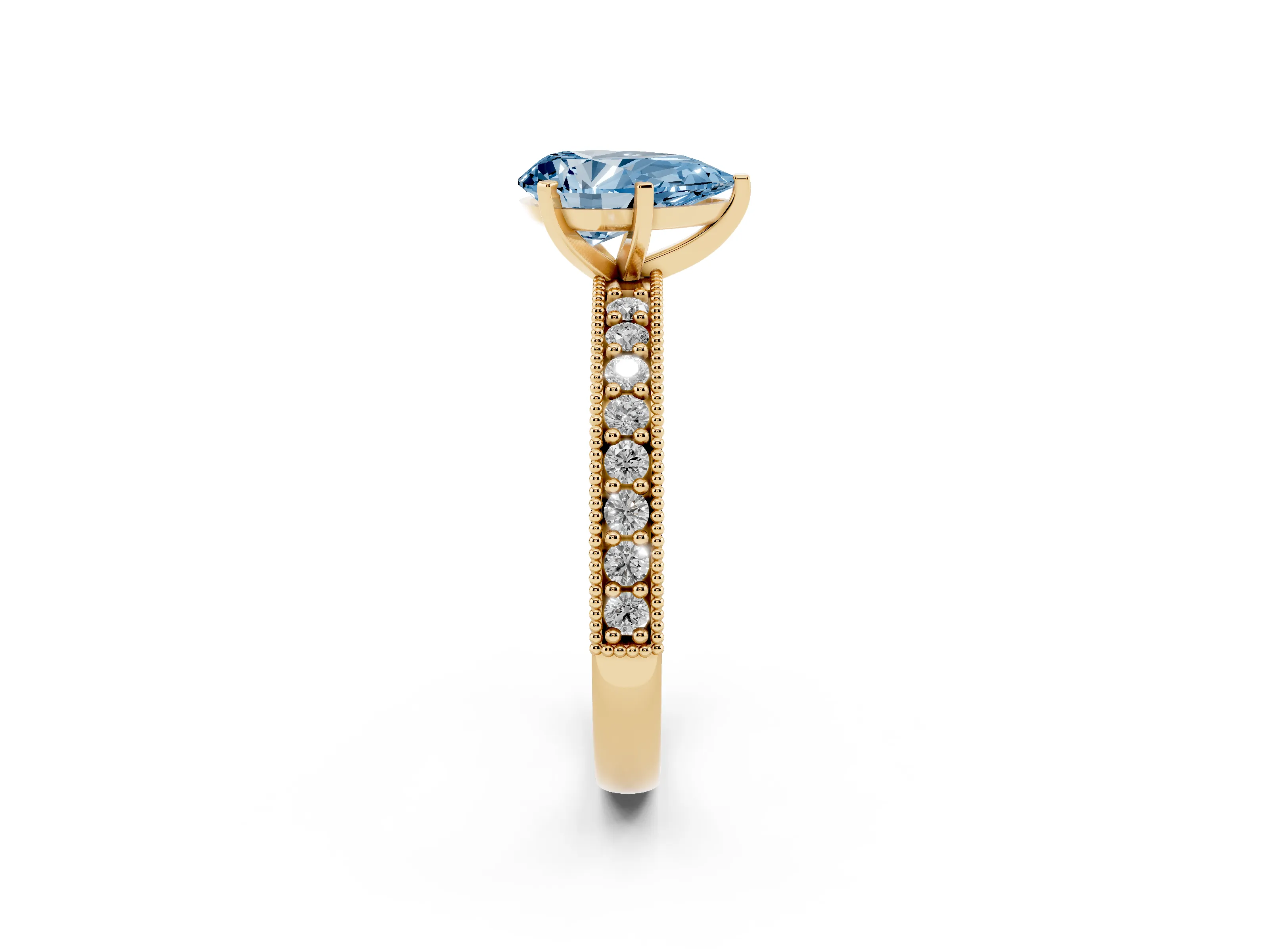 Fancy Blue Pear Cut Diamond Milgrain Pavé Engagement Ring Set in Yellow gold with Prong Setting