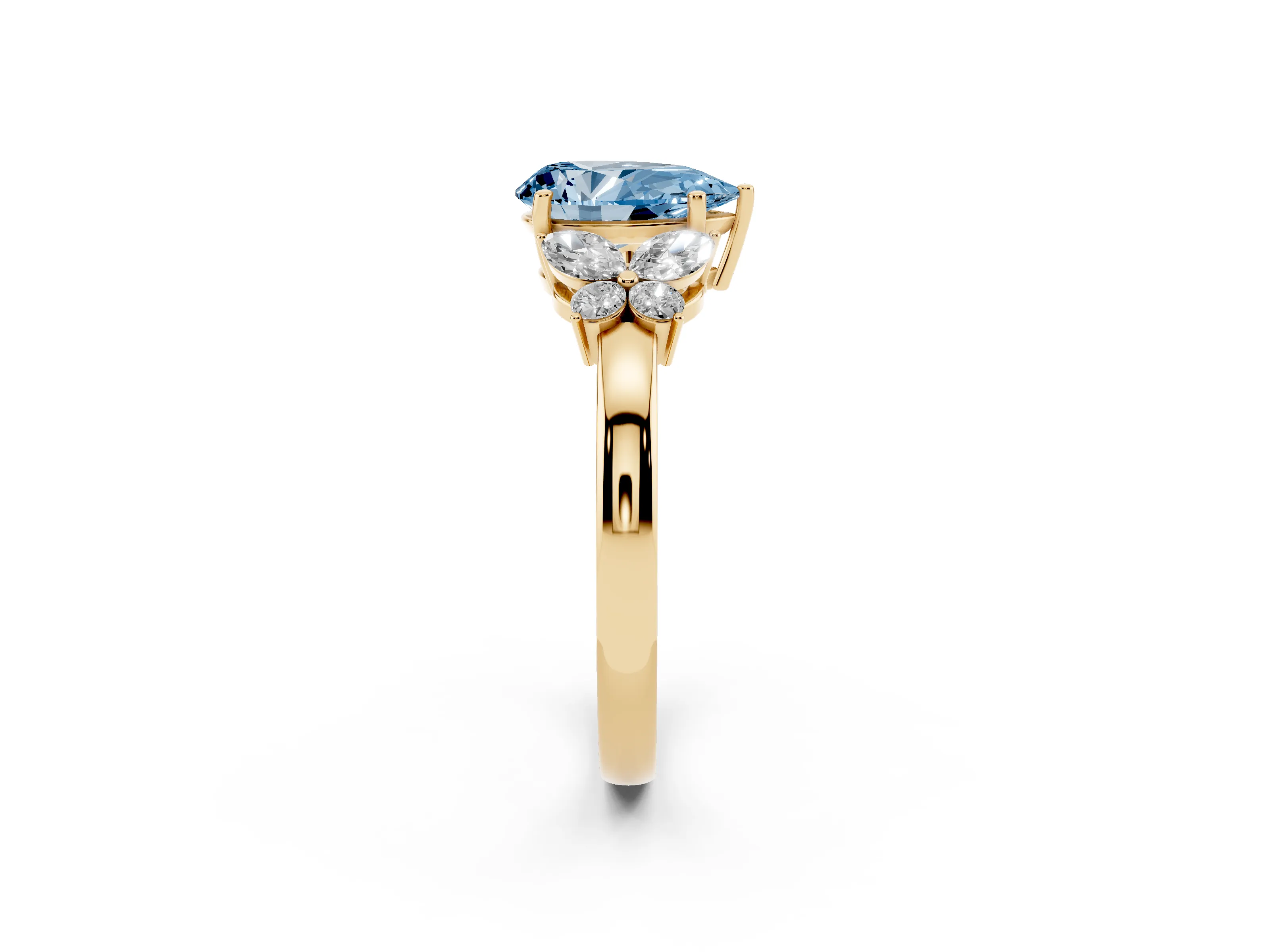 Fancy Blue Pear Cut Diamond Solitaire Floral Ring Set in Yellow gold with Marquise Petals and Prong Setting