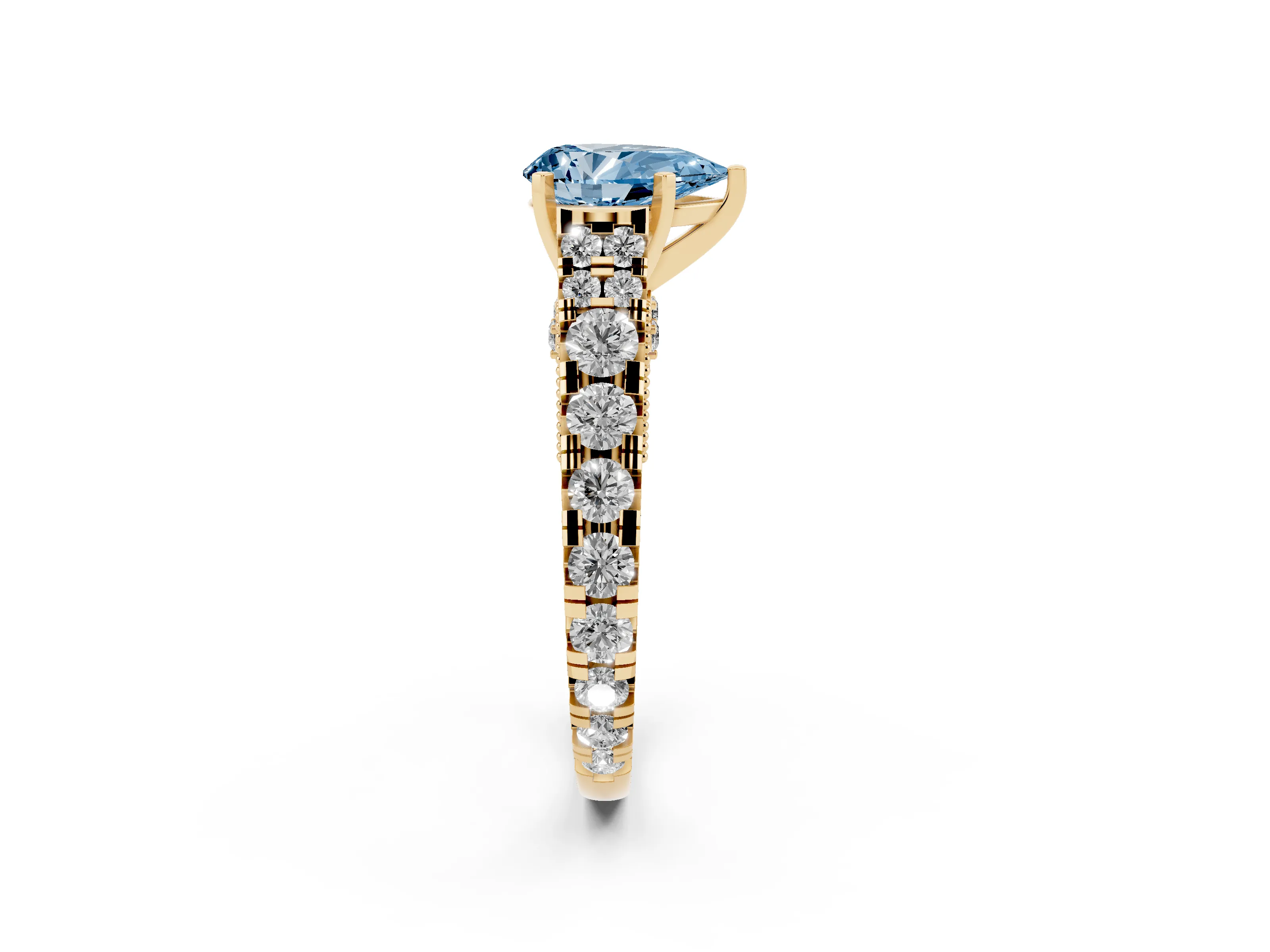 Fancy Blue Pear Cut Diamond Classic Solitaire Ring Set in Yellow gold with Pavé Band and Prong Setting