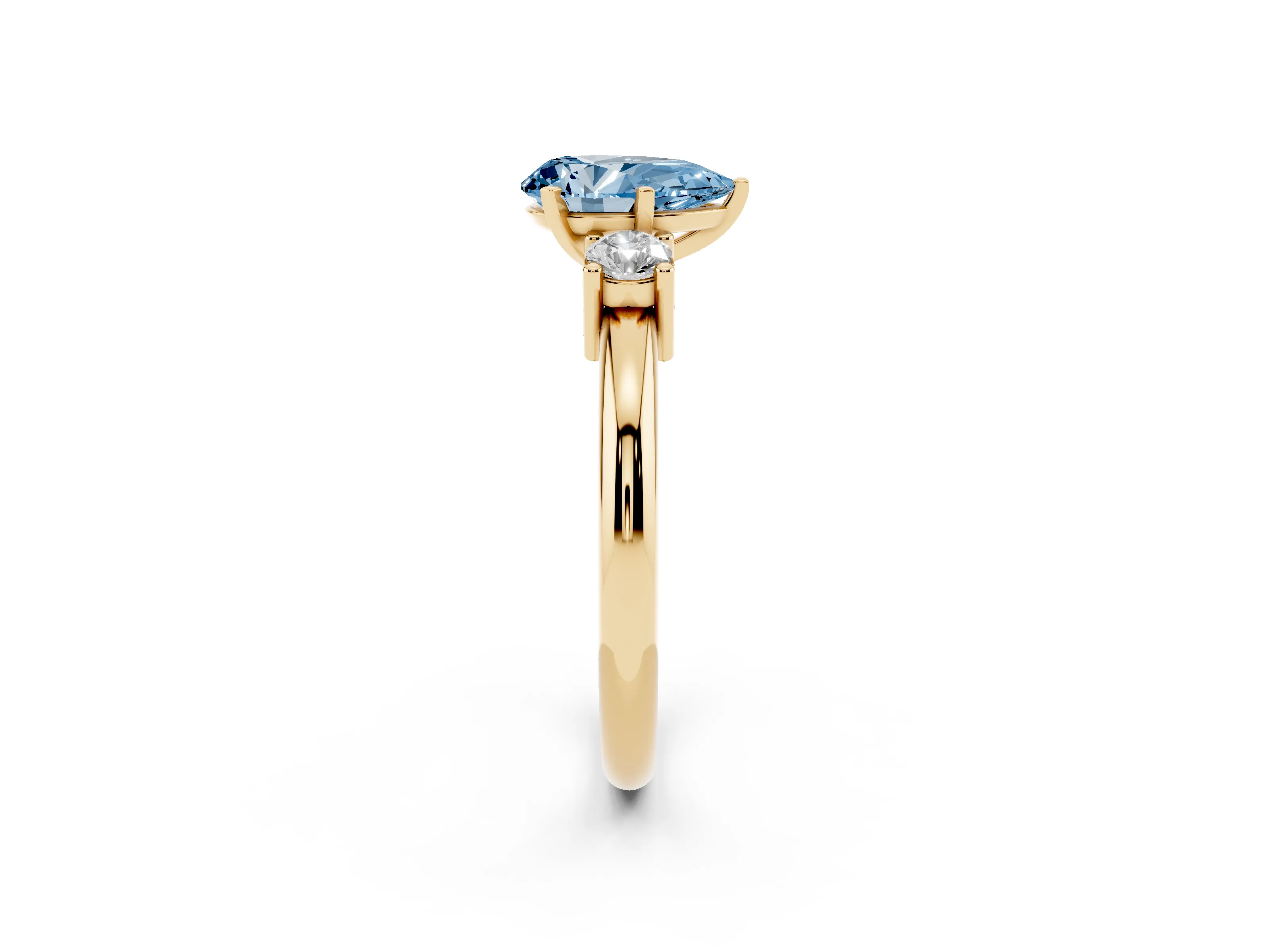 Fancy Blue Three-Stone Pear Cut Diamond Ring Set in Yellow gold with Prong Setting and Plain Band
