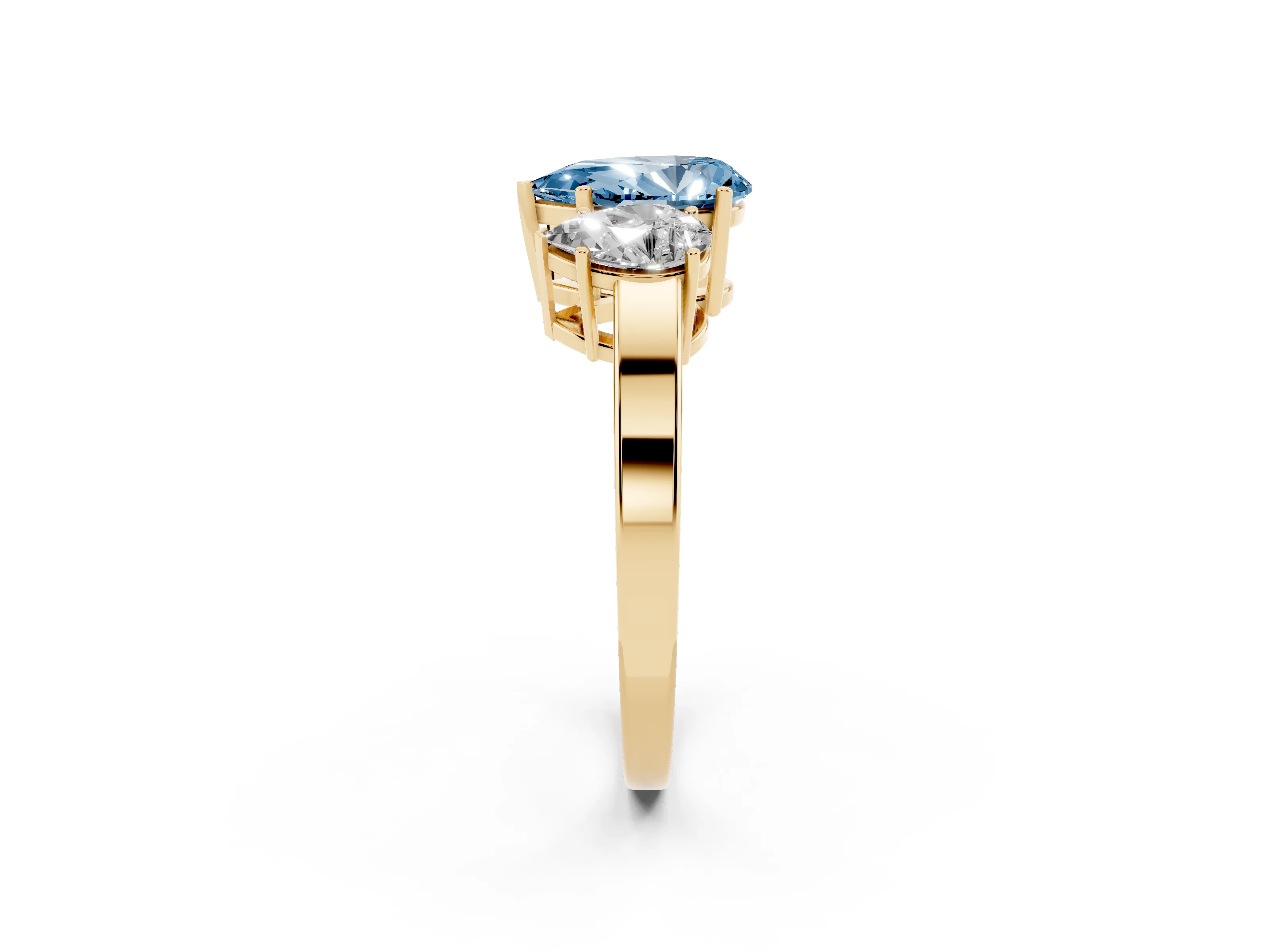 Fancy Blue Pear Cut Diamond Three-Stone Engagement Ring Set in Yellow gold with Flat Band