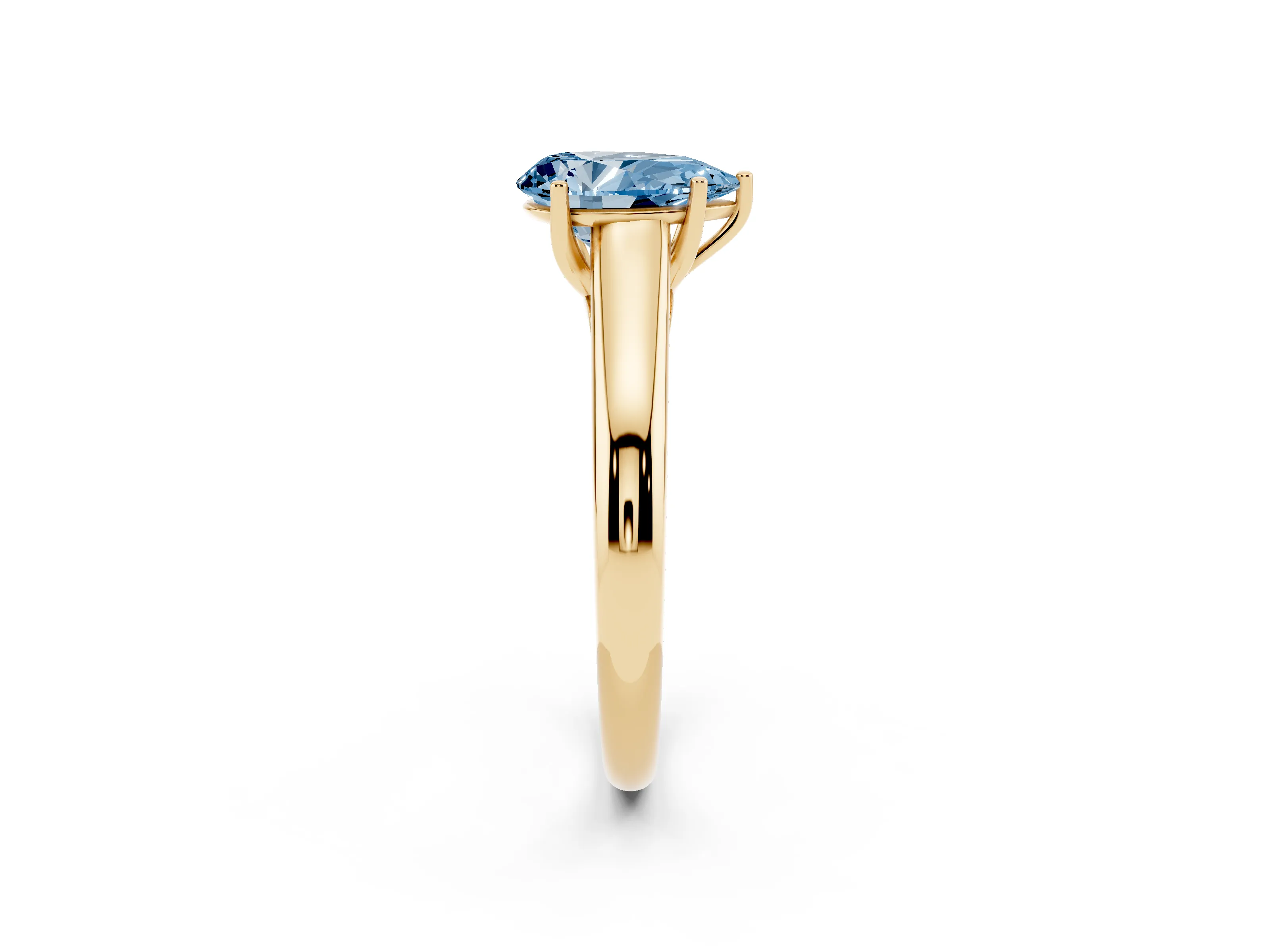 Fancy Blue Pear Cut Diamond Solitaire Engagement Ring Set in Yellow gold with Subtly Tapered Band and Prong Setting