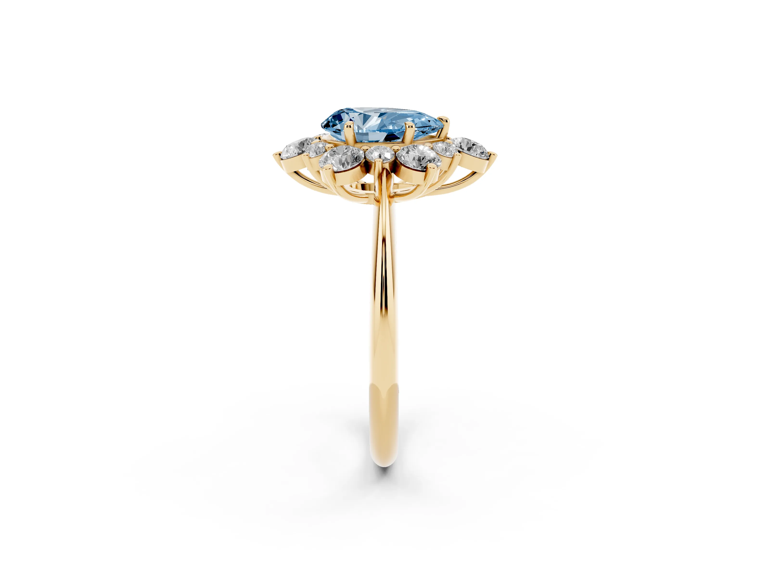 Fancy Blue Pear Cut Diamond Cluster Halo Ring Set in Yellow gold with Solitaire Band and Prong Setting