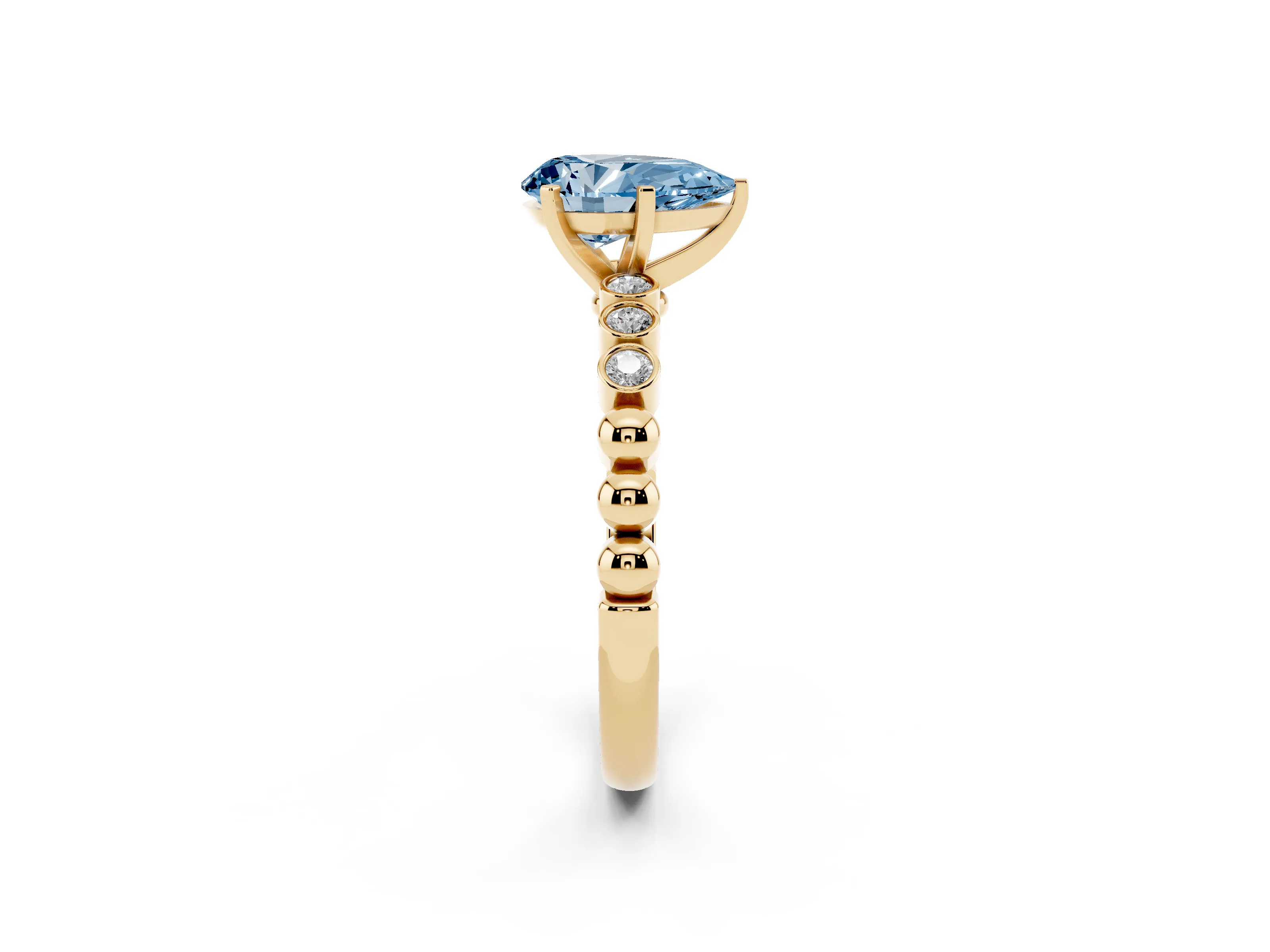 Fancy Blue Pear Cut Diamond Solitaire Engagement Ring Set in Yellow gold with Bezel Accents on Beaded Band