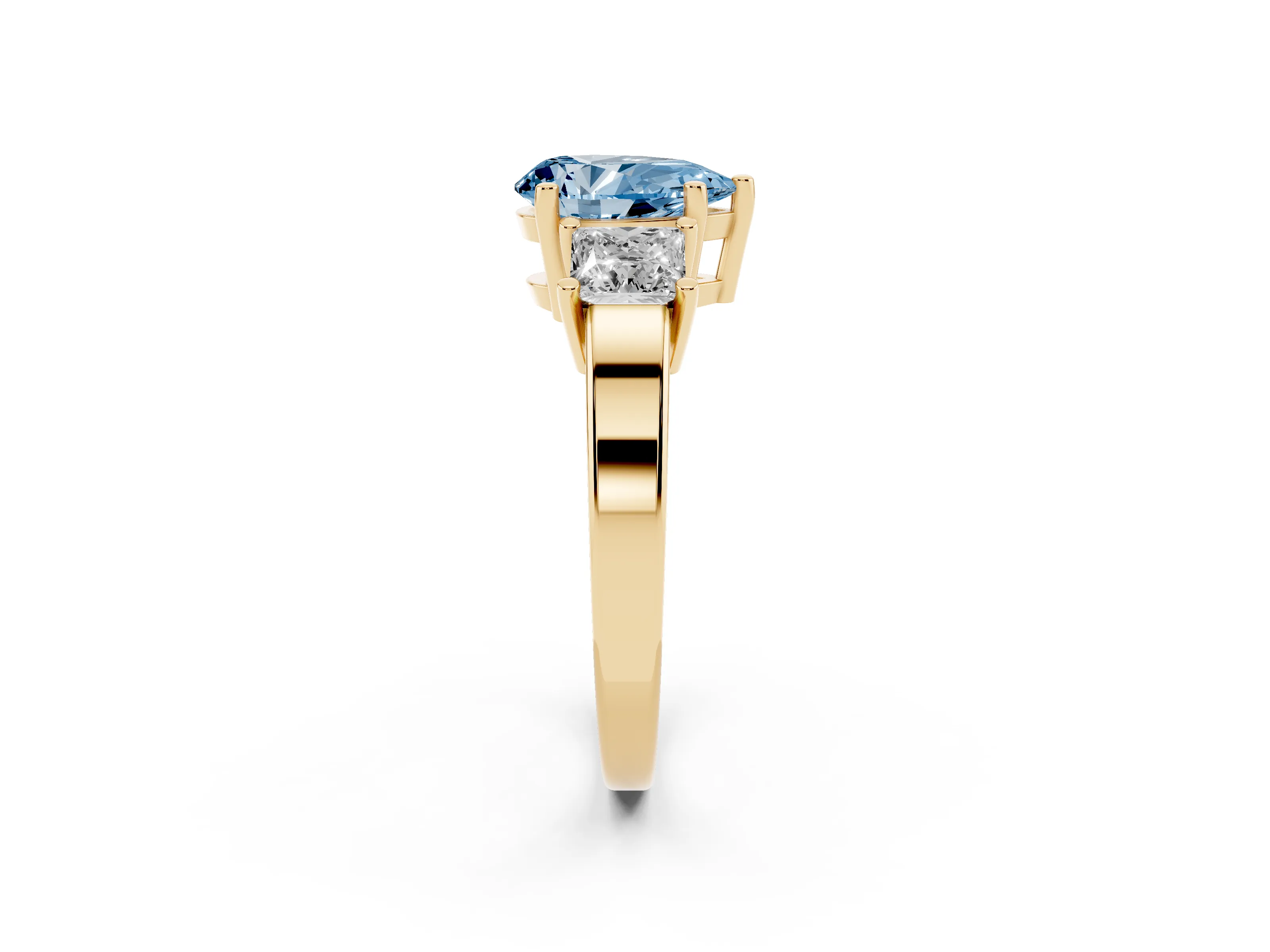 Fancy Blue Three-Stone Pear Cut Diamond Solitaire Ring Set in Yellow gold with Prong Setting