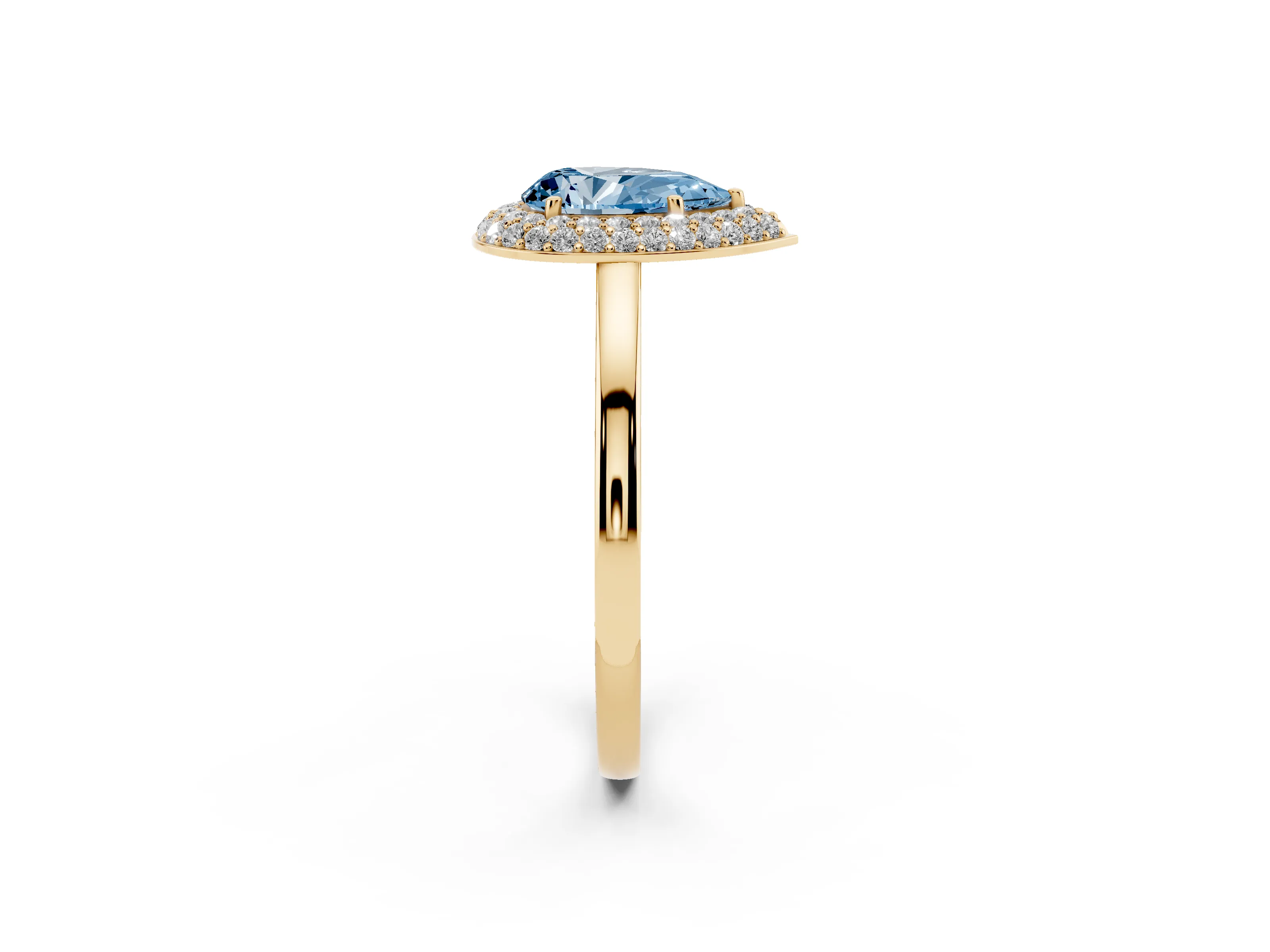 Fancy Blue Pear Cut Diamond Halo Engagement Ring Set in Yellow gold with Solitaire Band and Prong Setting