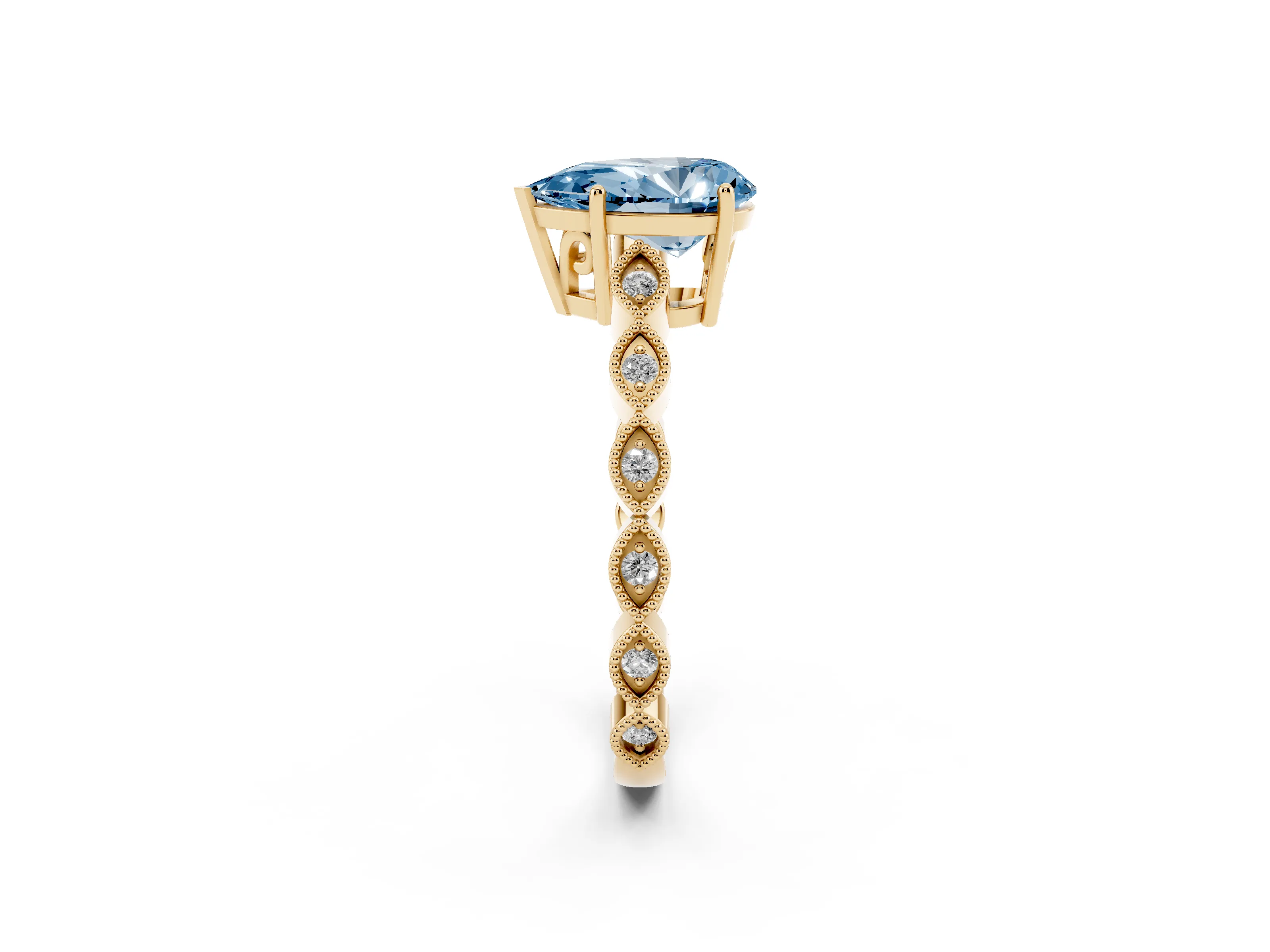 Fancy Blue Pear Cut Diamond Solitaire Ring Set in Yellow gold with Infinity Twist Pavé Band