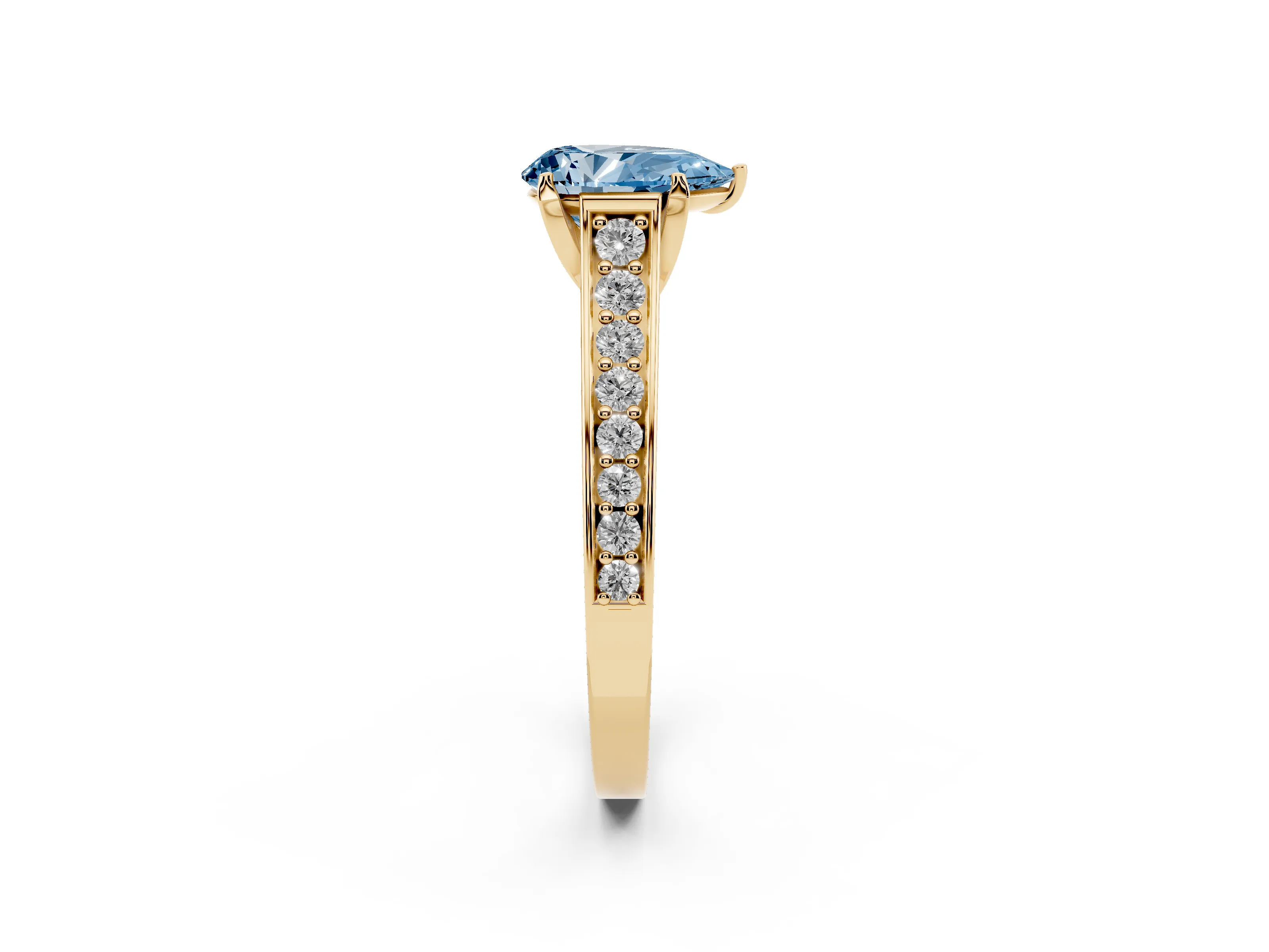 Fancy Blue Pear Cut Diamond Solitaire Pavé Engagement Ring Set in Yellow gold with Prong Setting