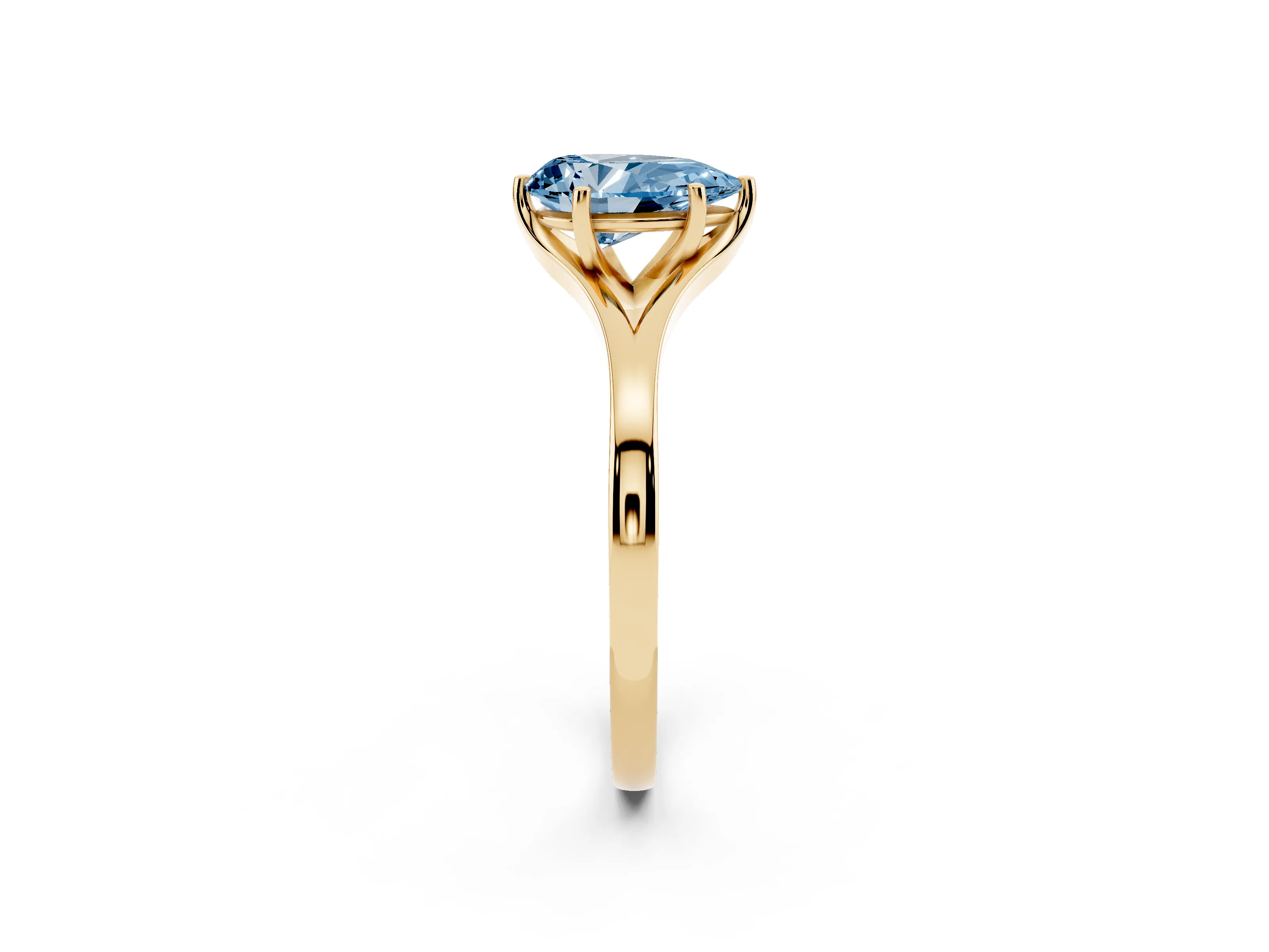 Fancy Blue Pear Cut Diamond Solitaire Ring Set in Yellow gold with Polished Tapered Band and Prong Setting