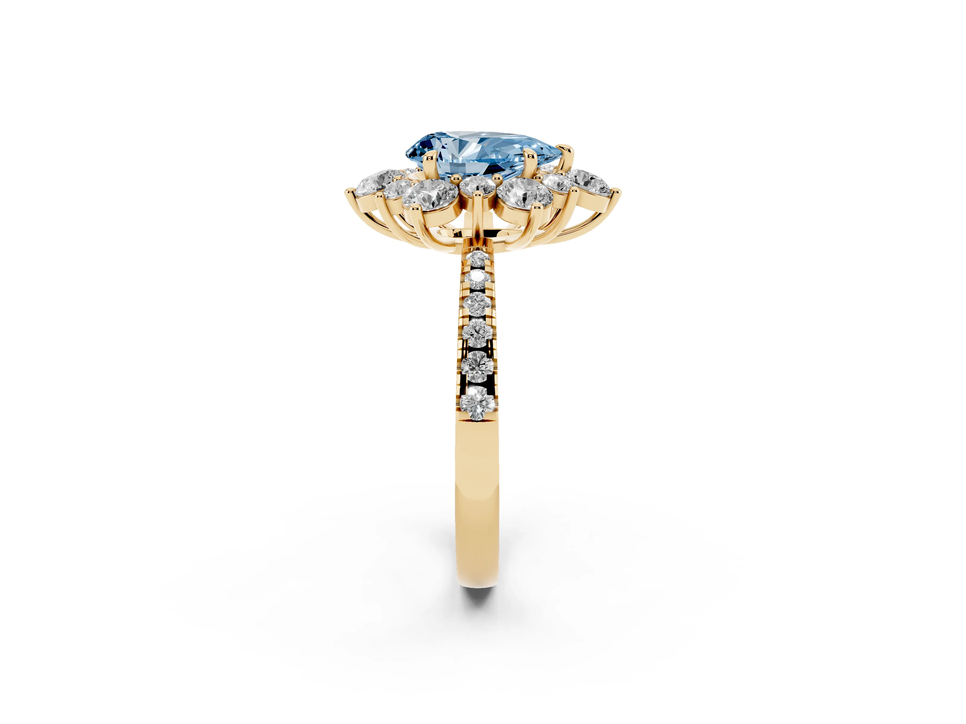 Fancy Blue Pear Cut Diamond Floral Halo Ring Set in Yellow gold with Round Pavé Band and Prong Setting
