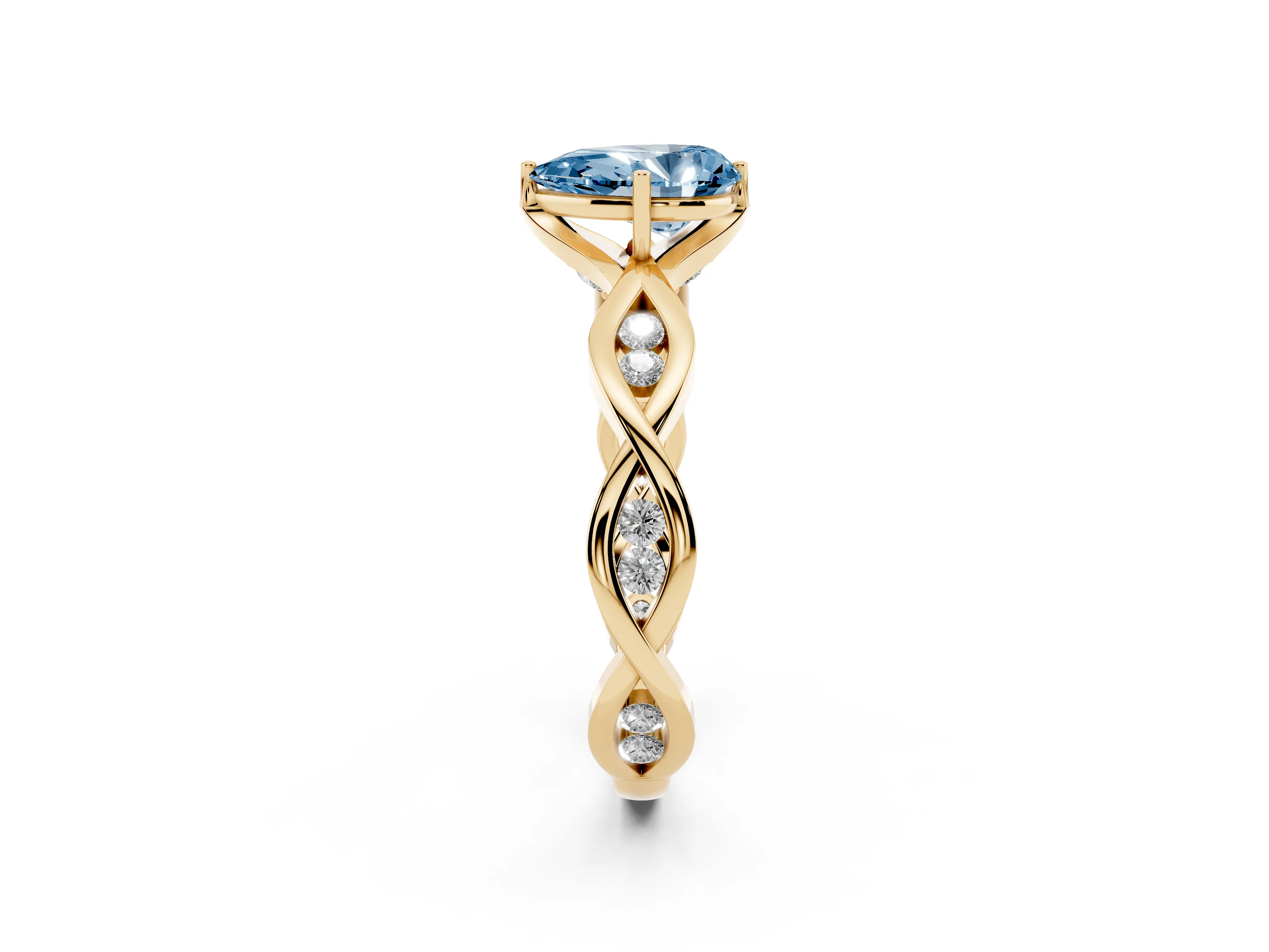 Fancy Blue Pear Cut Diamond Twist Band Solitaire Ring Set in Yellow gold with Leaf Prong Setting and Accent Stones