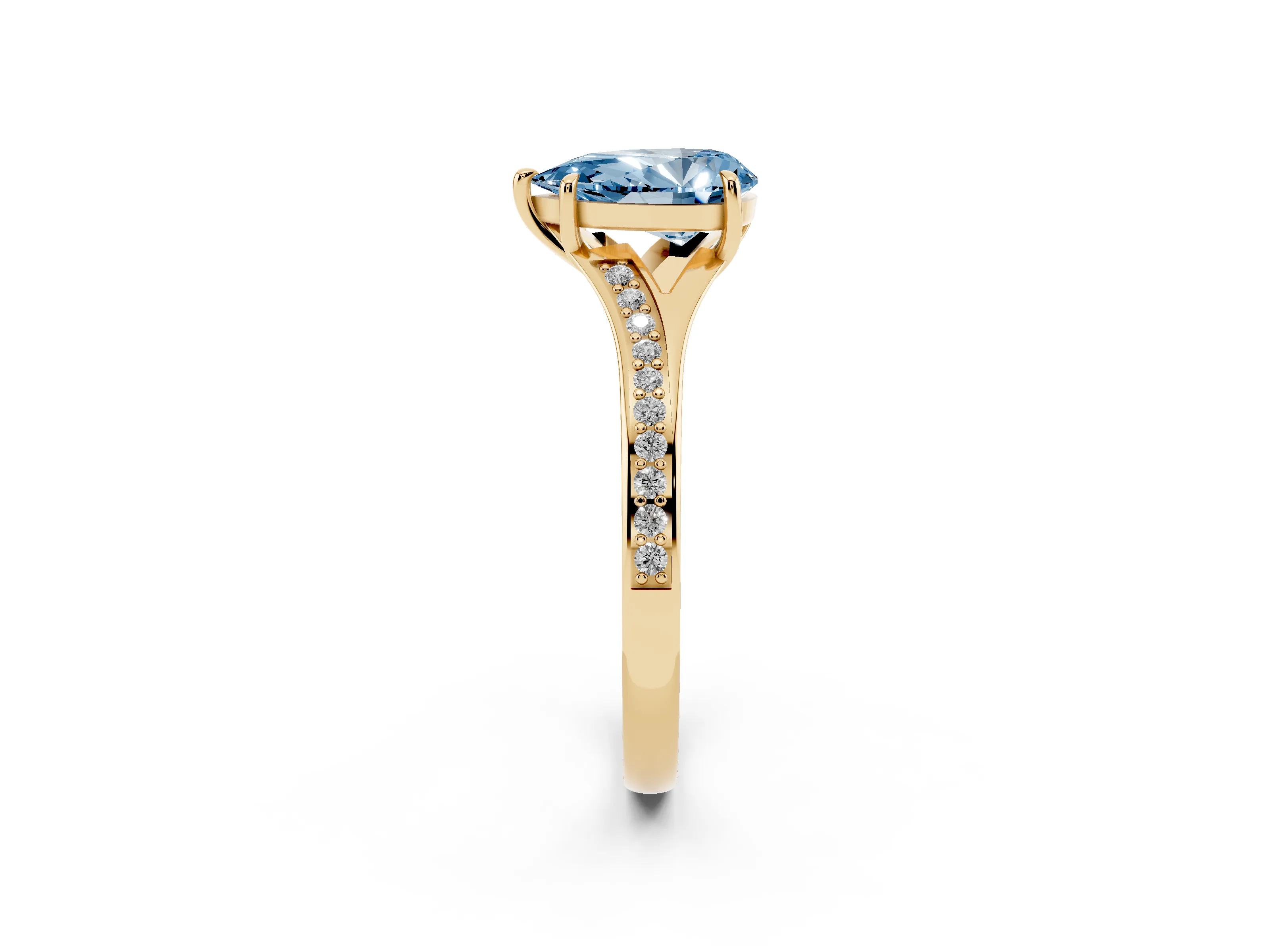 Fancy Blue Pear Cut Diamond Solitaire Ring Set in Yellow gold with Pavé Accent Band and Classic Prong Setting