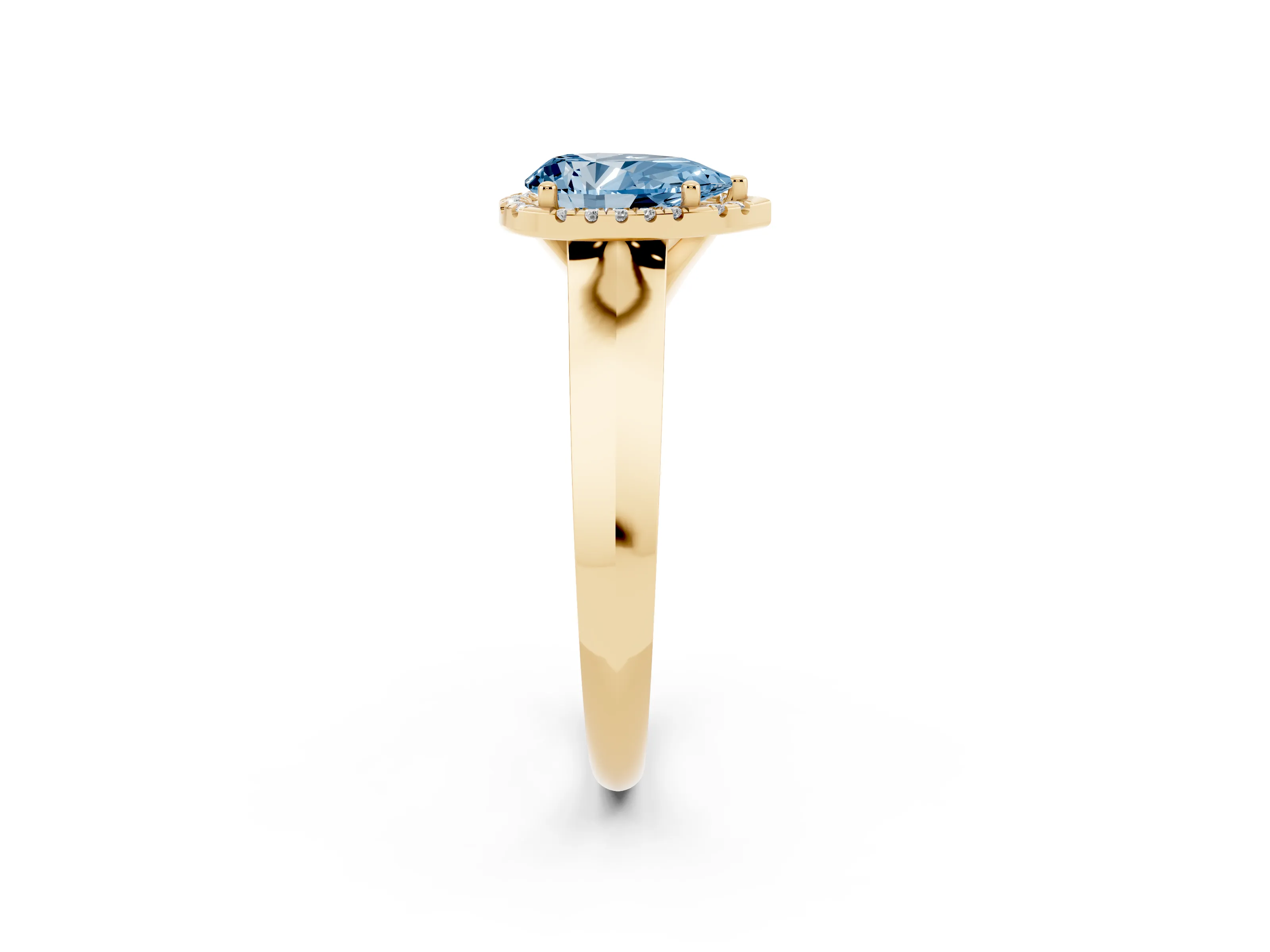 Fancy Blue Pear Cut Diamond Halo Ring Set in Yellow gold with Cathedral Band and Prong Setting