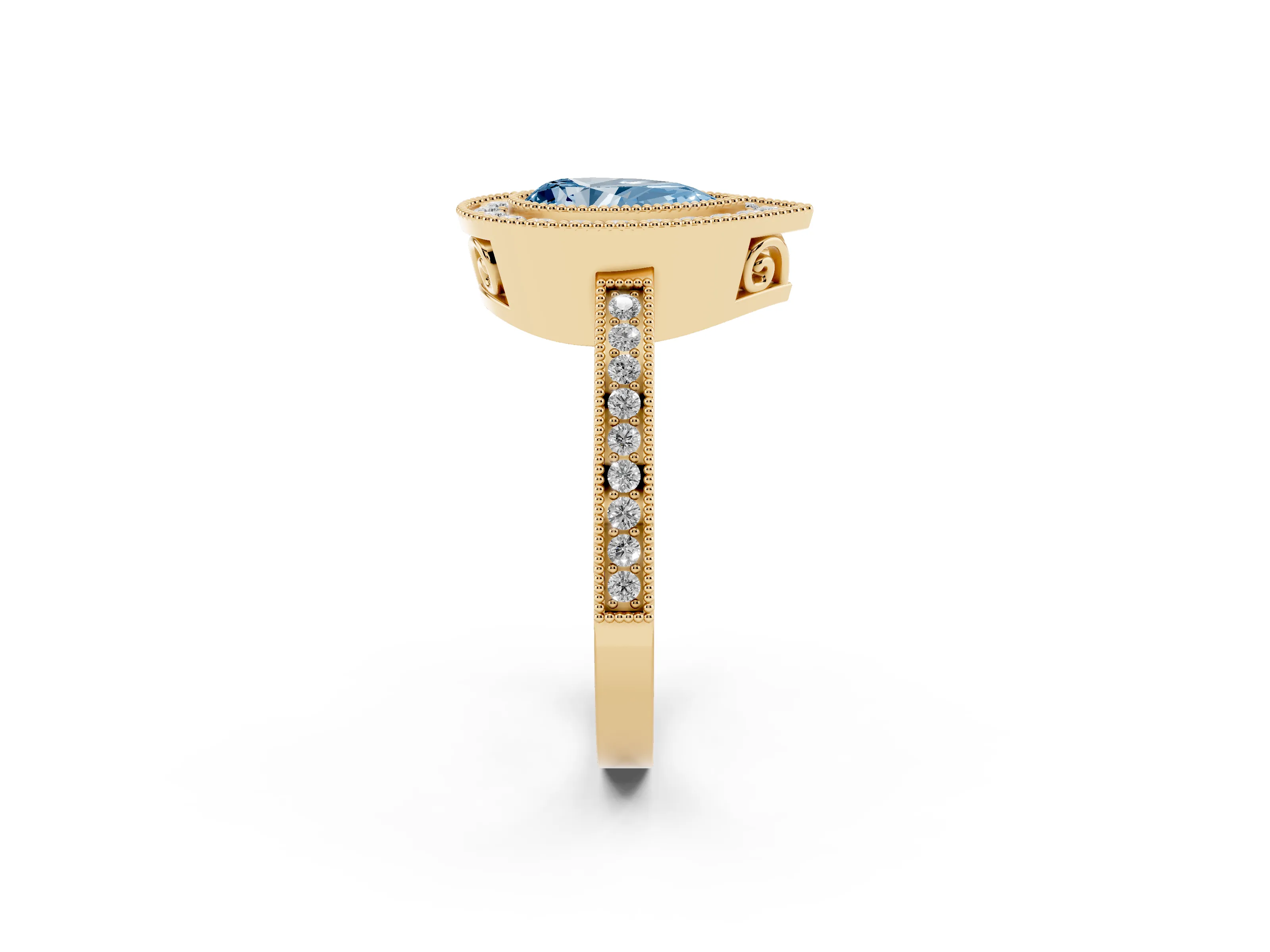 Fancy Blue Pear Cut Diamond Halo Ring Set in Yellow gold with Pavé Band and Milgrain-Edged Prongs
