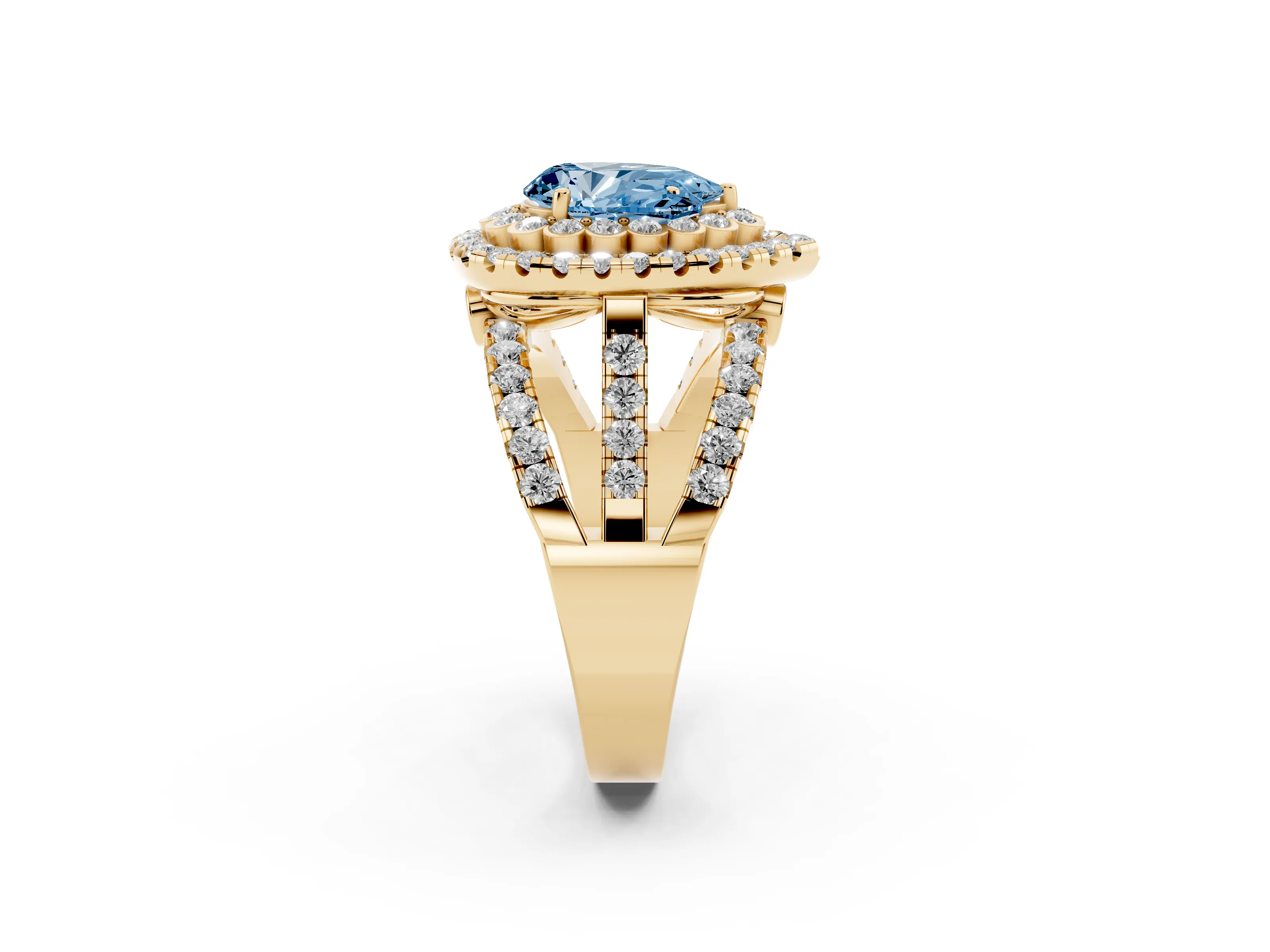Fancy Blue Pear Cut Diamond Double Halo Ring Set in Yellow gold with Round Pavé Split Shank