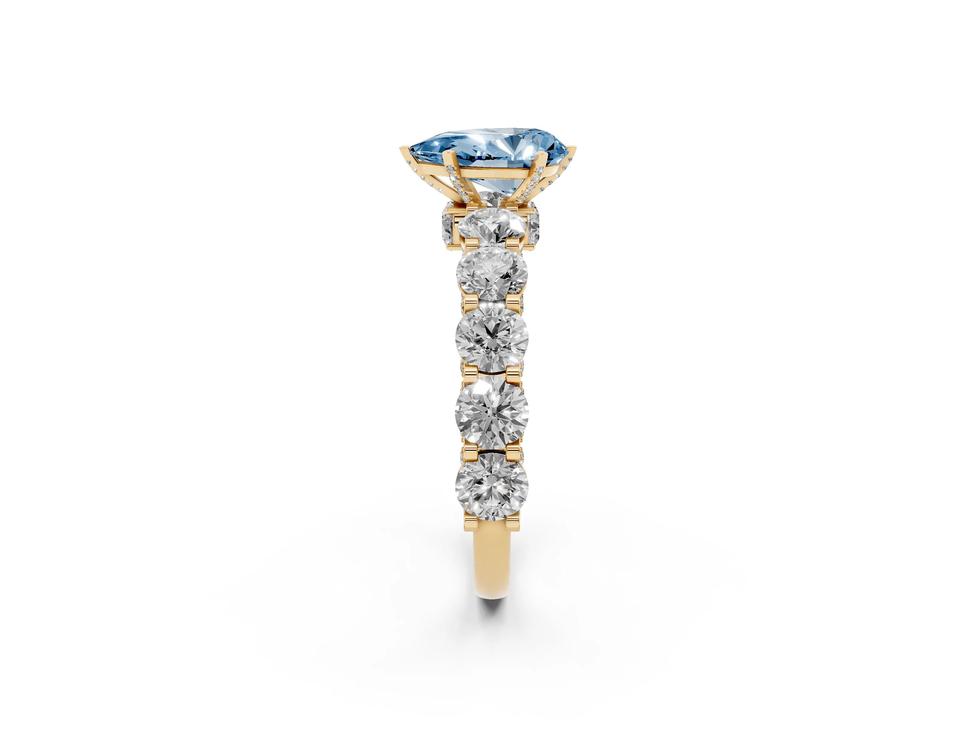 Fancy Blue Pear Cut Diamond Side Stone Ring Set in Yellow gold with Alternating Round and Oval Side Stones