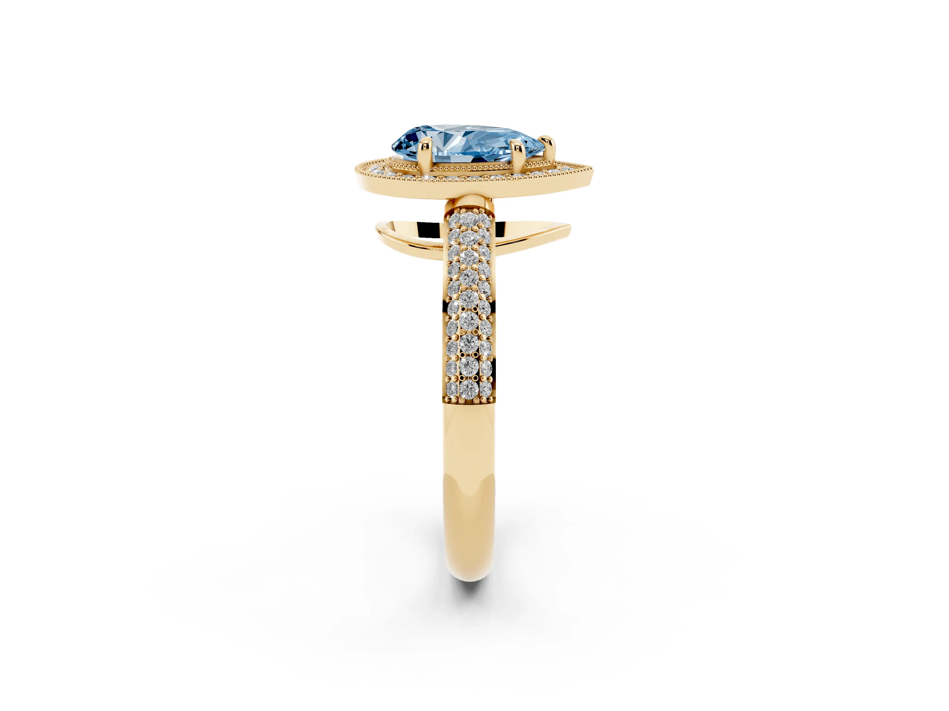 Fancy Blue Pear Cut Diamond Halo Pavé Band Set in Yellow gold with Prong Setting