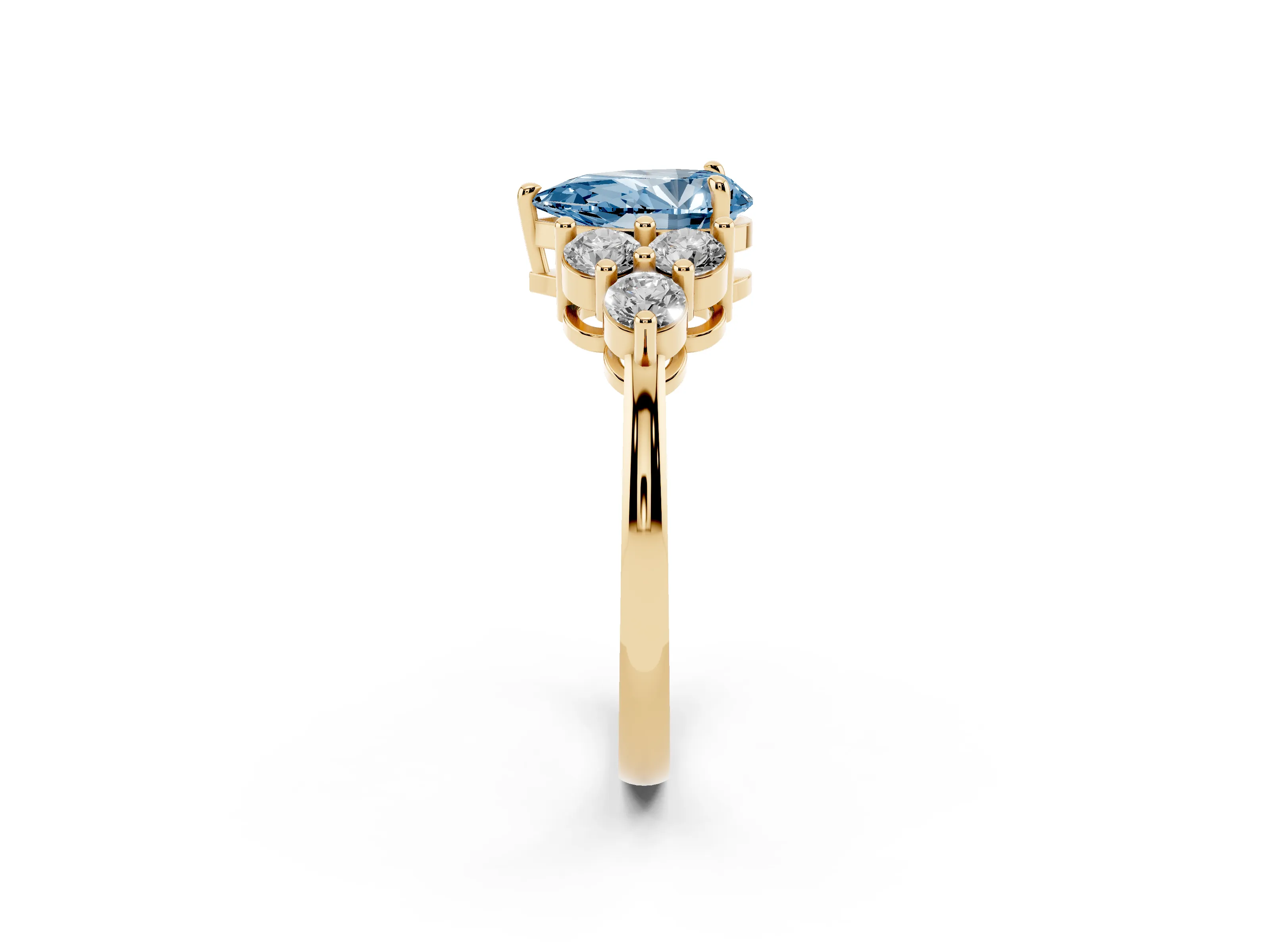 Fancy Blue Pear Cut Diamond Solitaire Ring Set in Yellow gold with Cluster Accents on Each Side