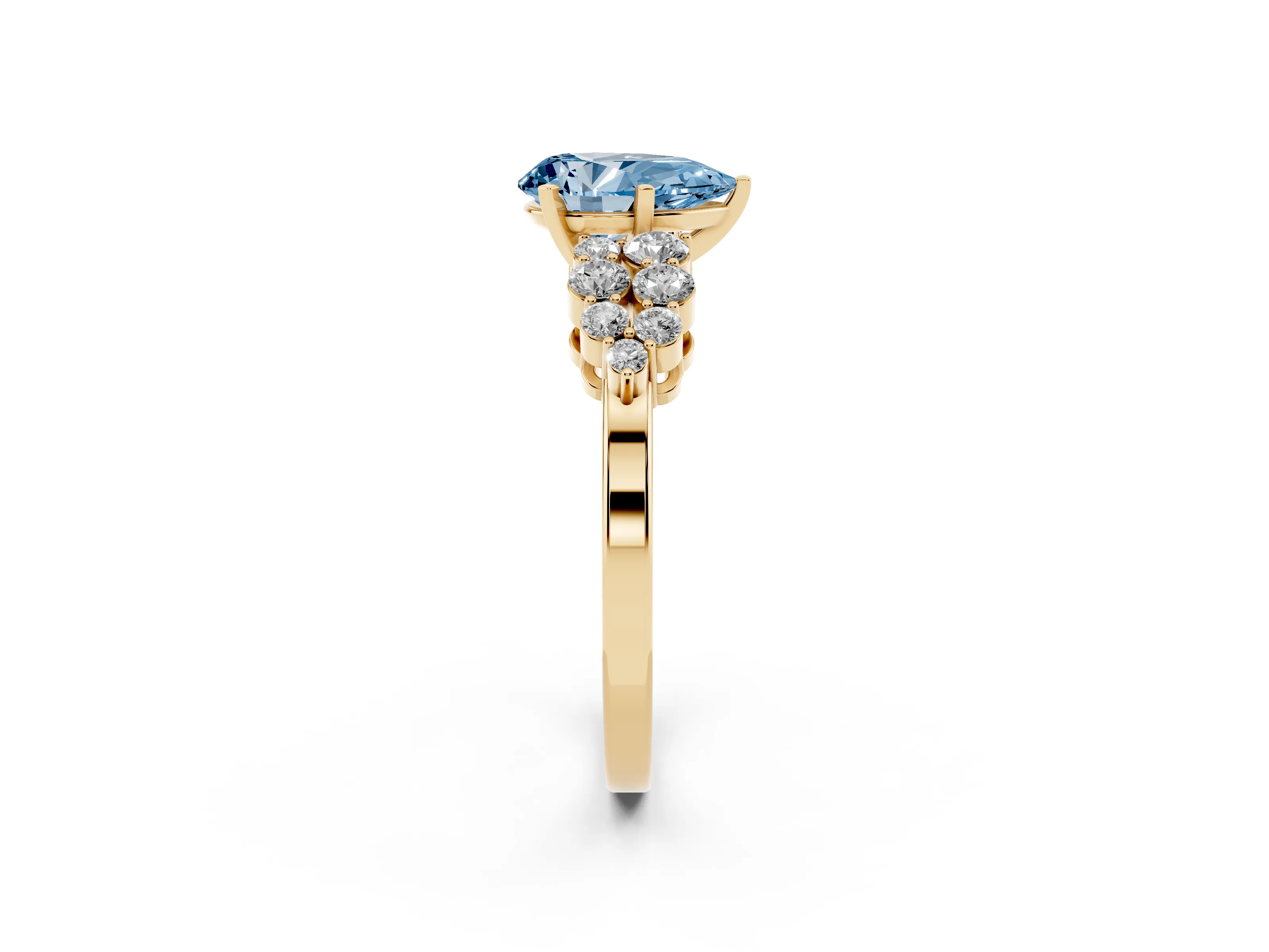 Fancy Blue Pear Cut Diamond Cluster Engagement Ring Set in Yellow gold with Pavé Band and Prong Setting