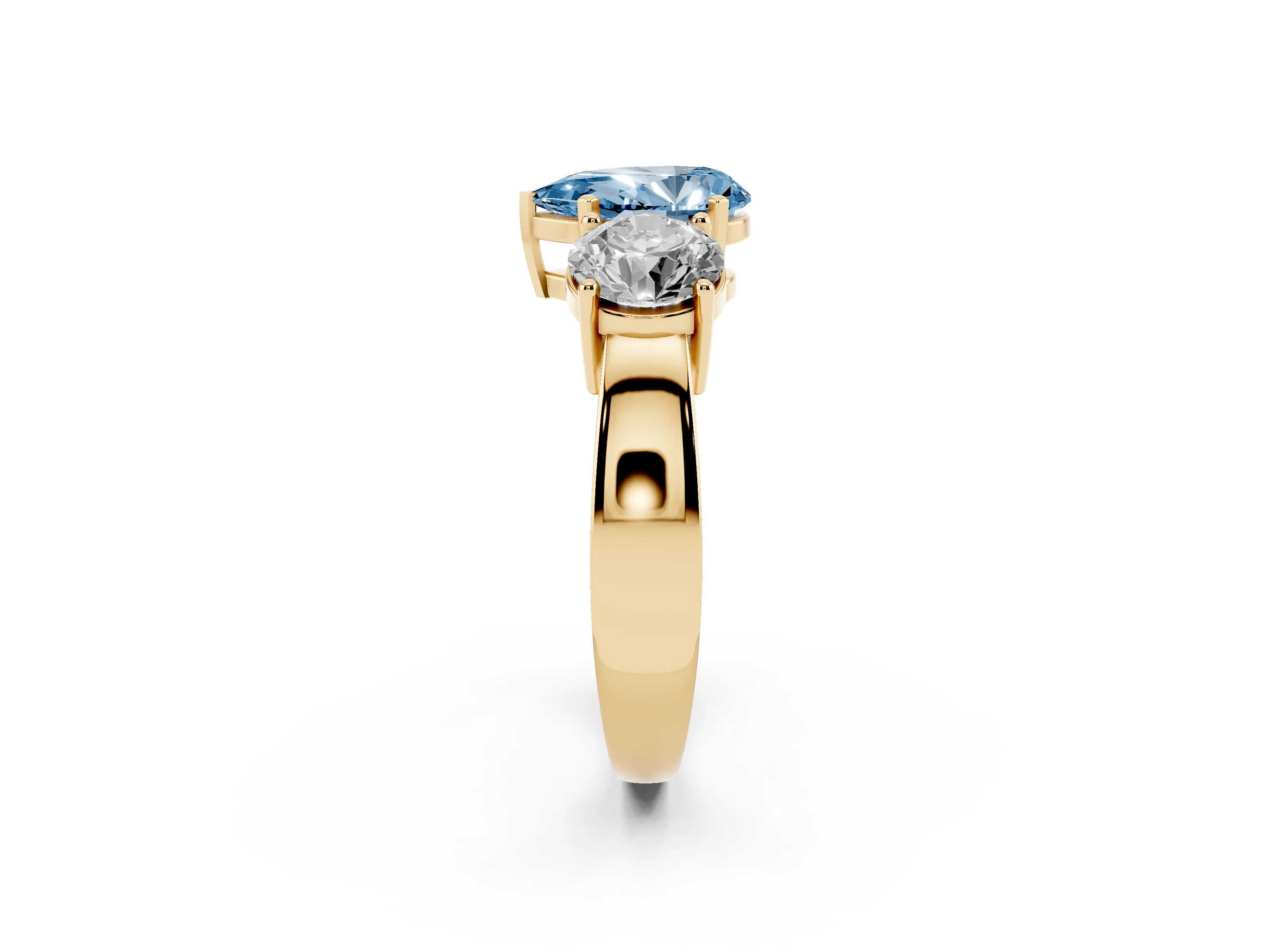 Fancy Blue Pear Cut Diamond Three-Stone Ring Set in Yellow gold with Round Side Stones and Classic Band