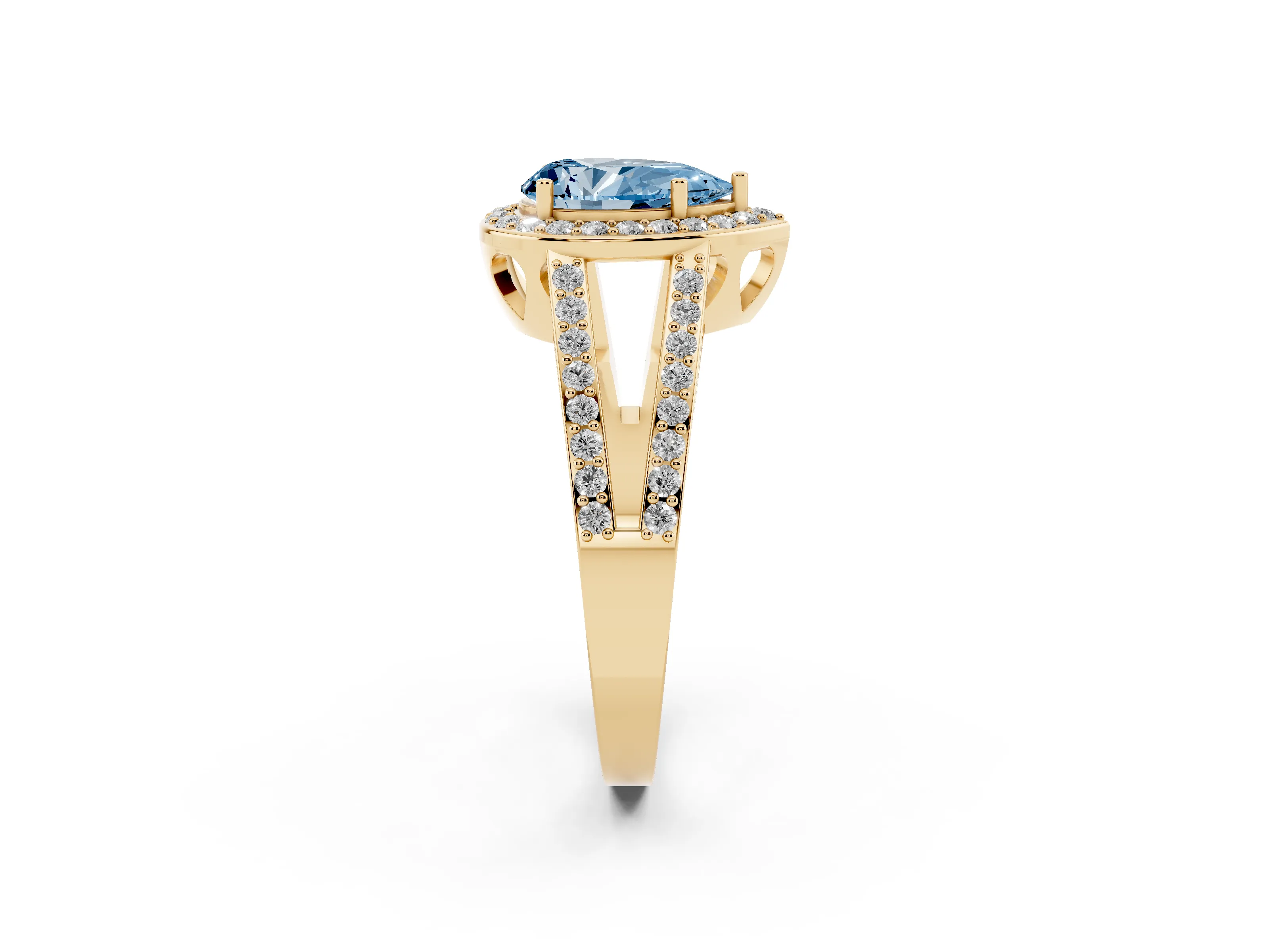 Fancy Blue Pear Cut Diamond Halo Ring Set in Yellow gold with U-Prong Split Shank and Prong Setting