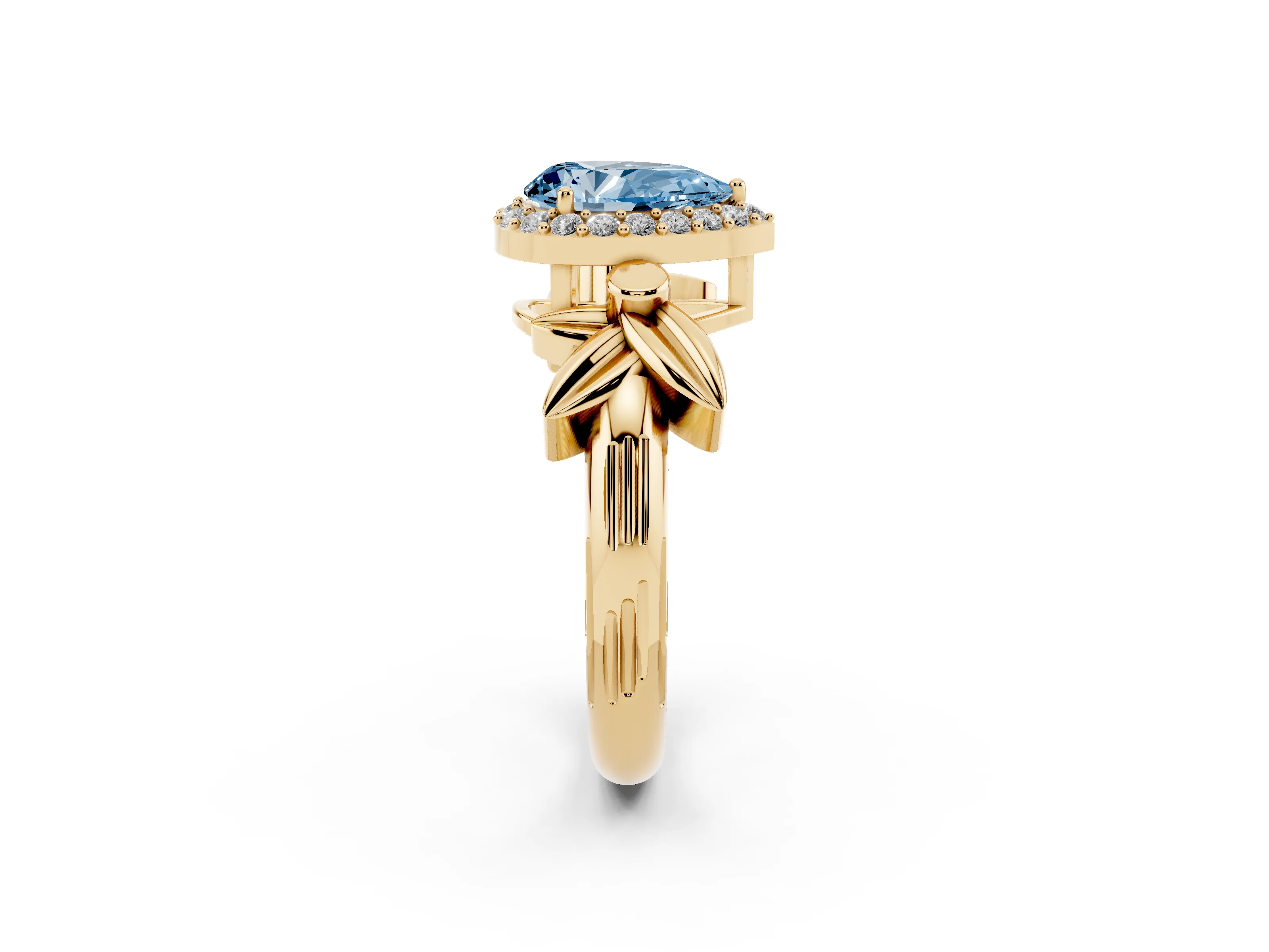 Fancy Blue Pear Cut Diamond Halo Floral Band Ring Set in Yellow gold with Prong Setting