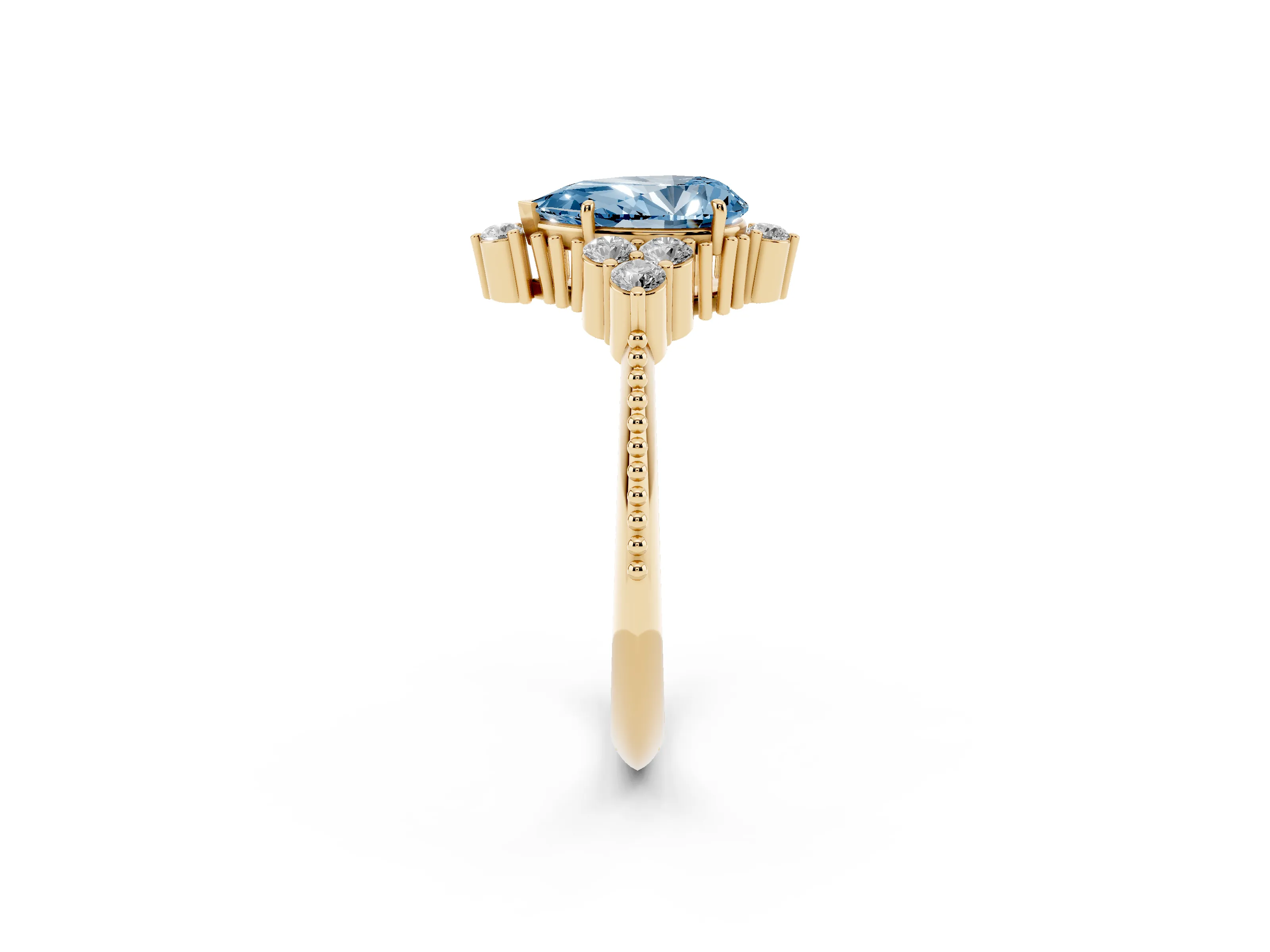 Fancy Blue Pear Cut Diamond Cluster Ring Set in Yellow gold with Beaded Band