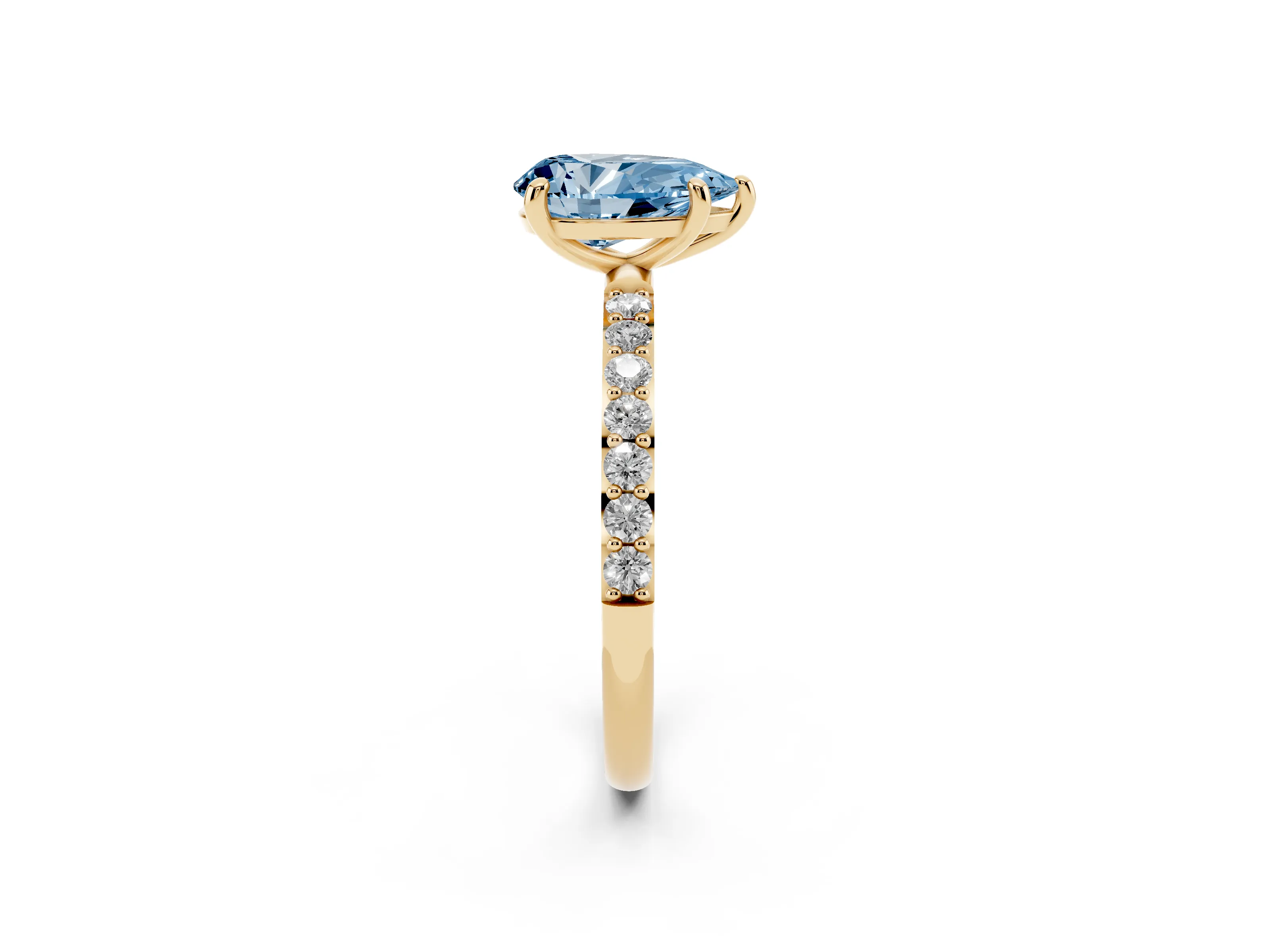 Fancy Blue Pear Cut Diamond Solitaire Ring Set in Yellow gold with Round Pavé Band and Prong Setting