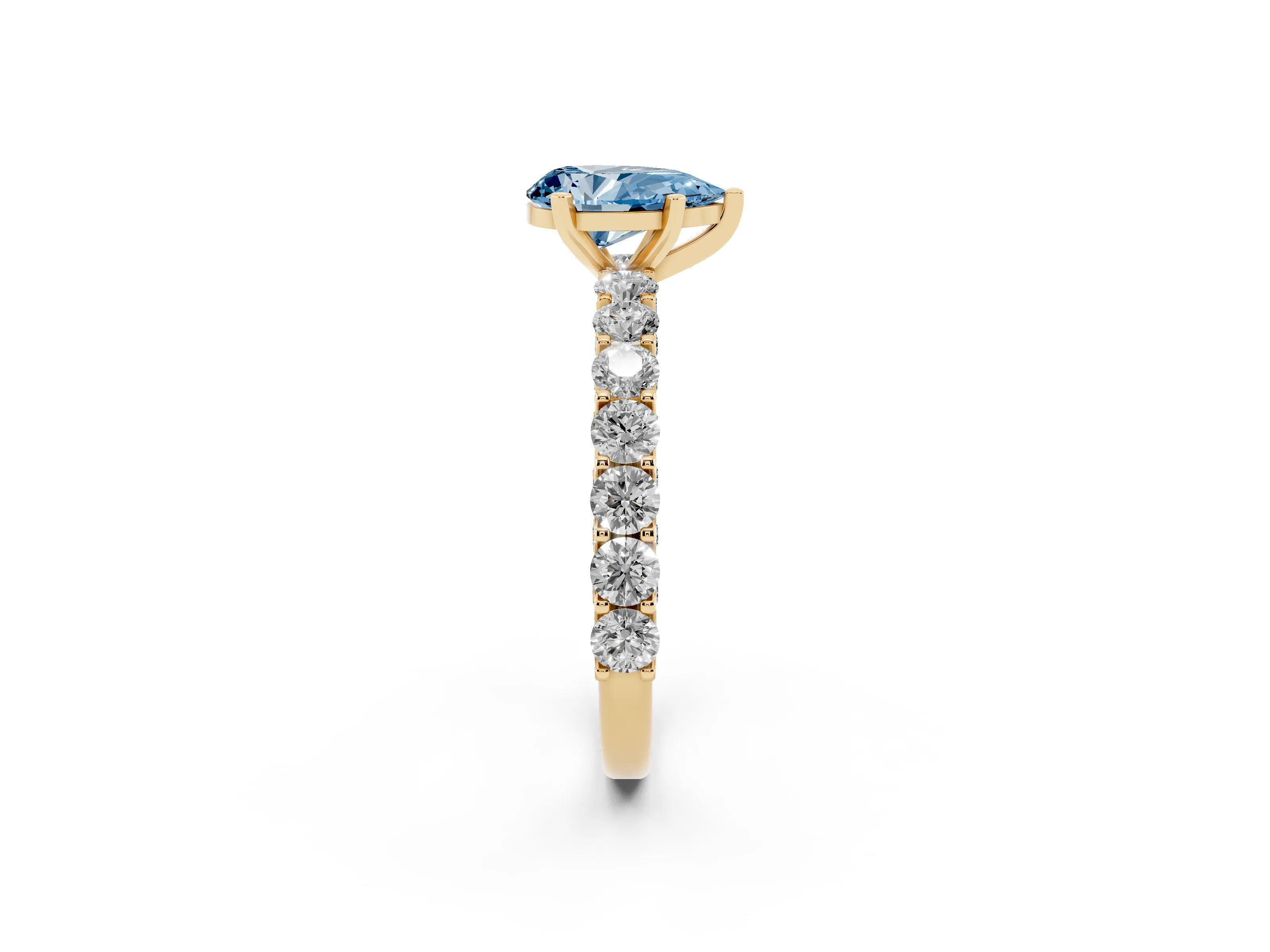 Fancy Blue Pear Cut Diamond Solitaire Ring Set in Yellow gold with Shared Prong Pavé Band