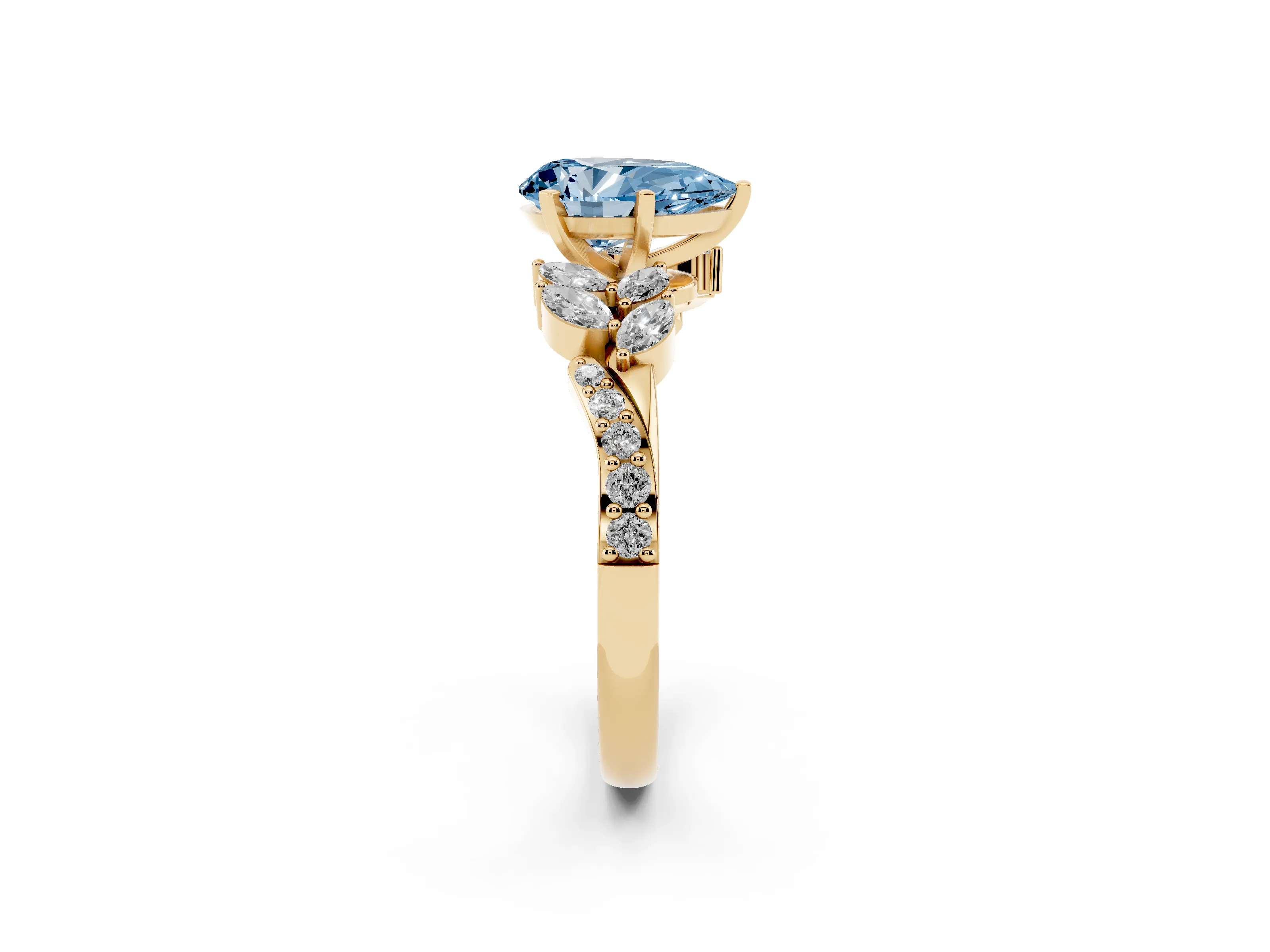 Fancy Blue Pear Cut Diamond Solitaire Ring Set in Yellow gold with Marquise Twist Band and Prong Setting