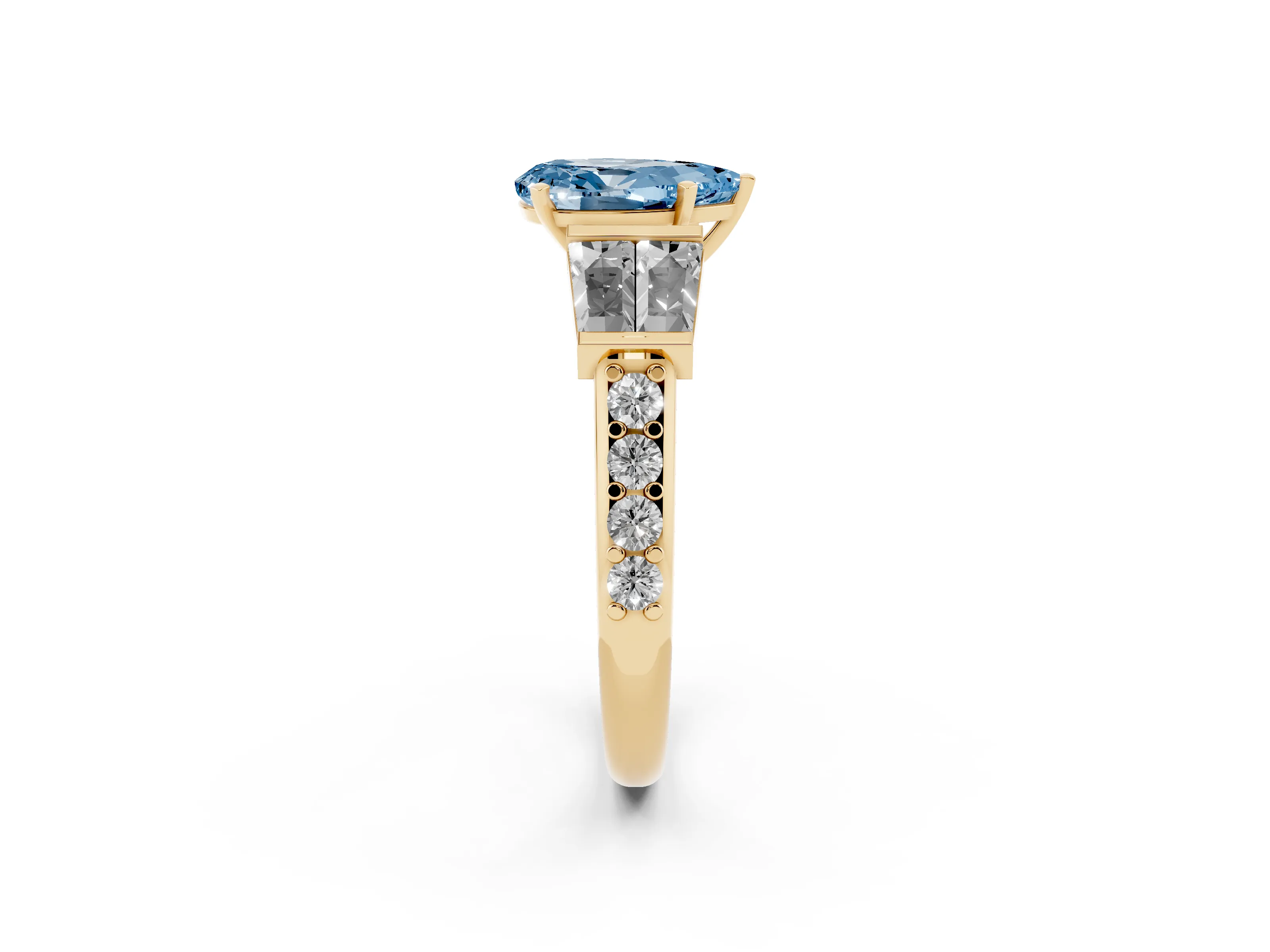Fancy Blue Pear Cut Diamond Engagement Ring Set in Yellow gold with Baguette Side Stones and Channel Set Band