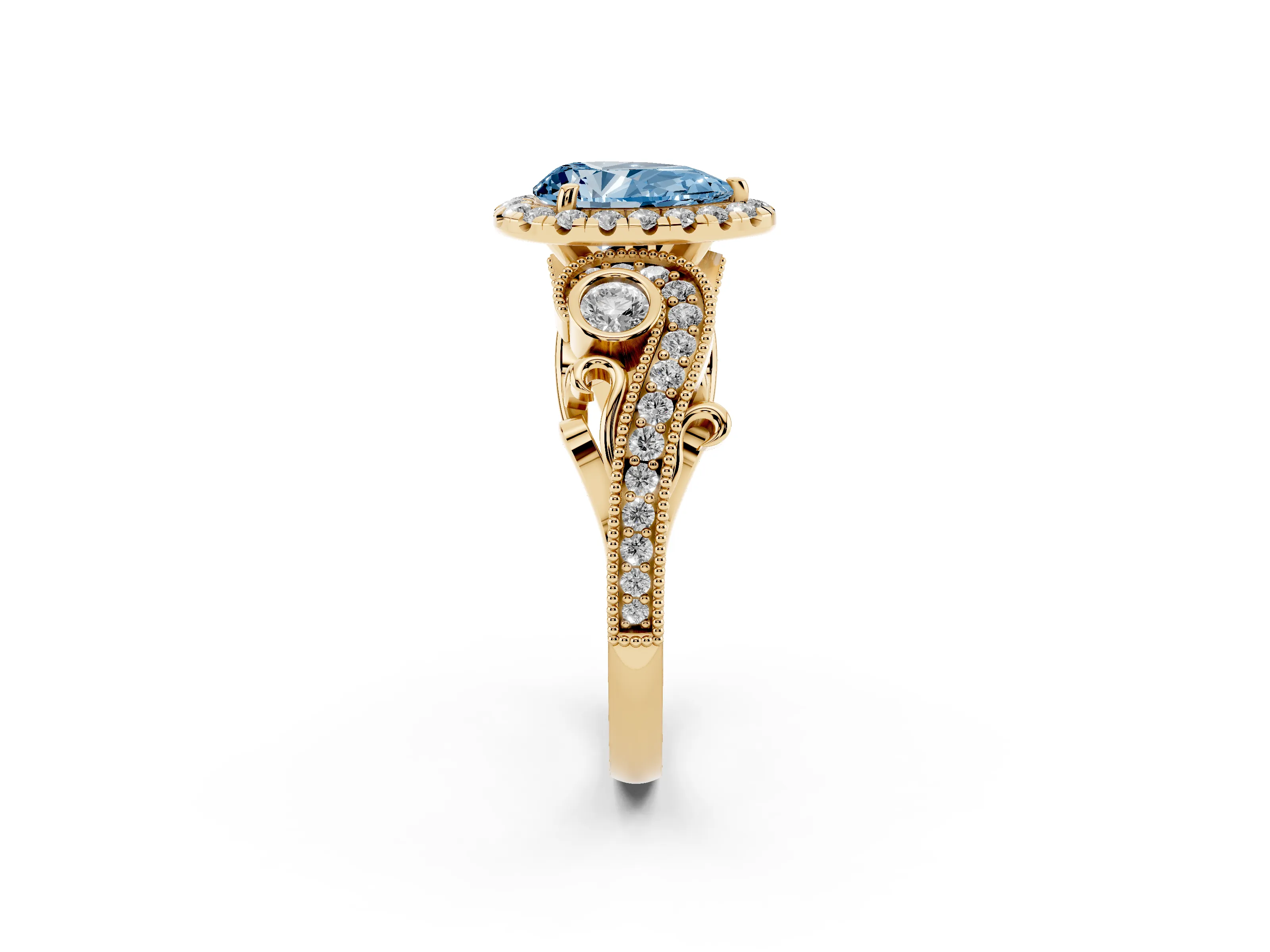Fancy Blue Pear Cut Diamond Halo Ring Set in Yellow gold with Milgrain Pavé Band and Prong Setting