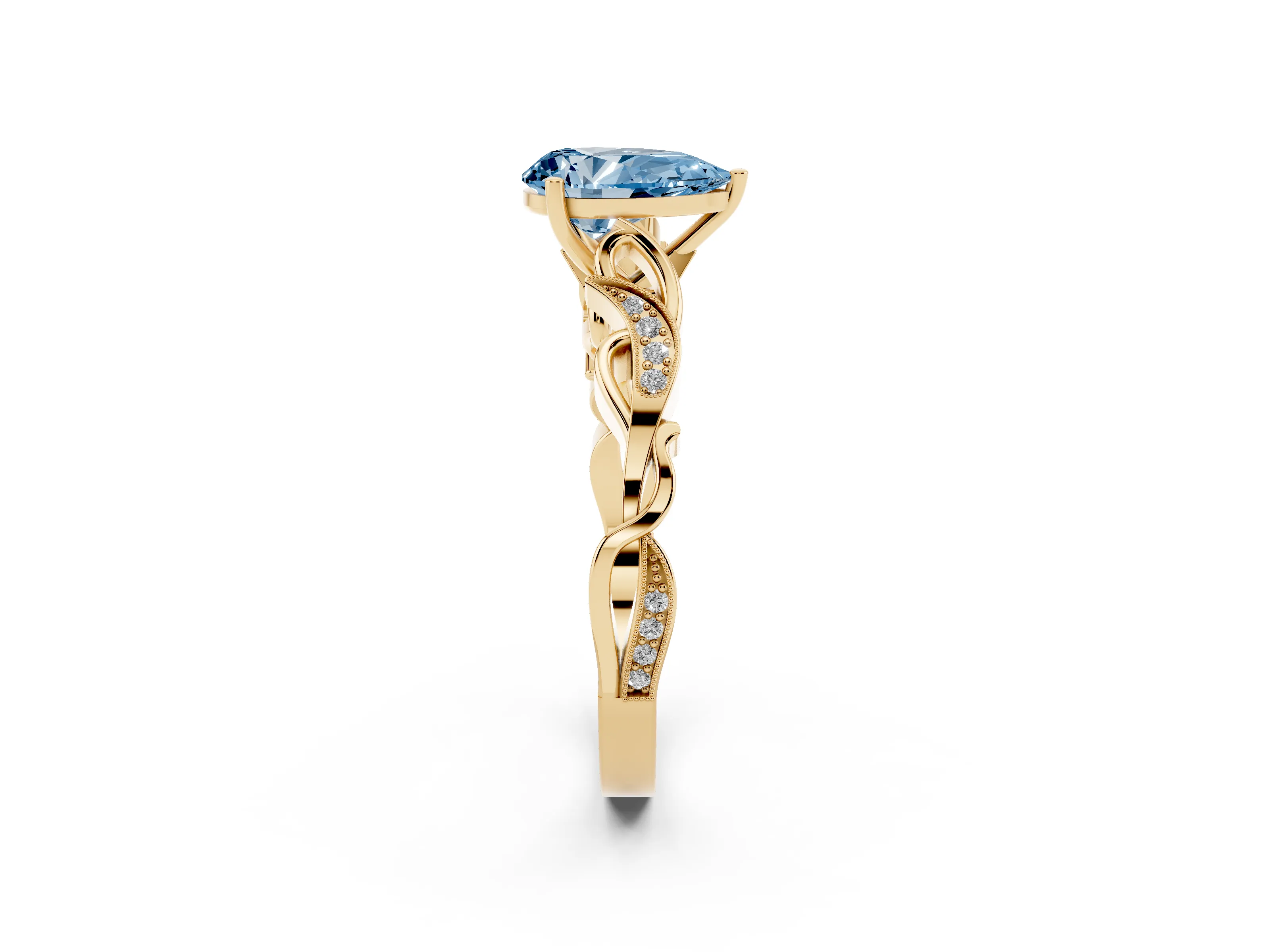 Fancy Blue Pear Cut Diamond Vine Band Solitaire Ring Set in Yellow gold with Milgrain Prong Setting