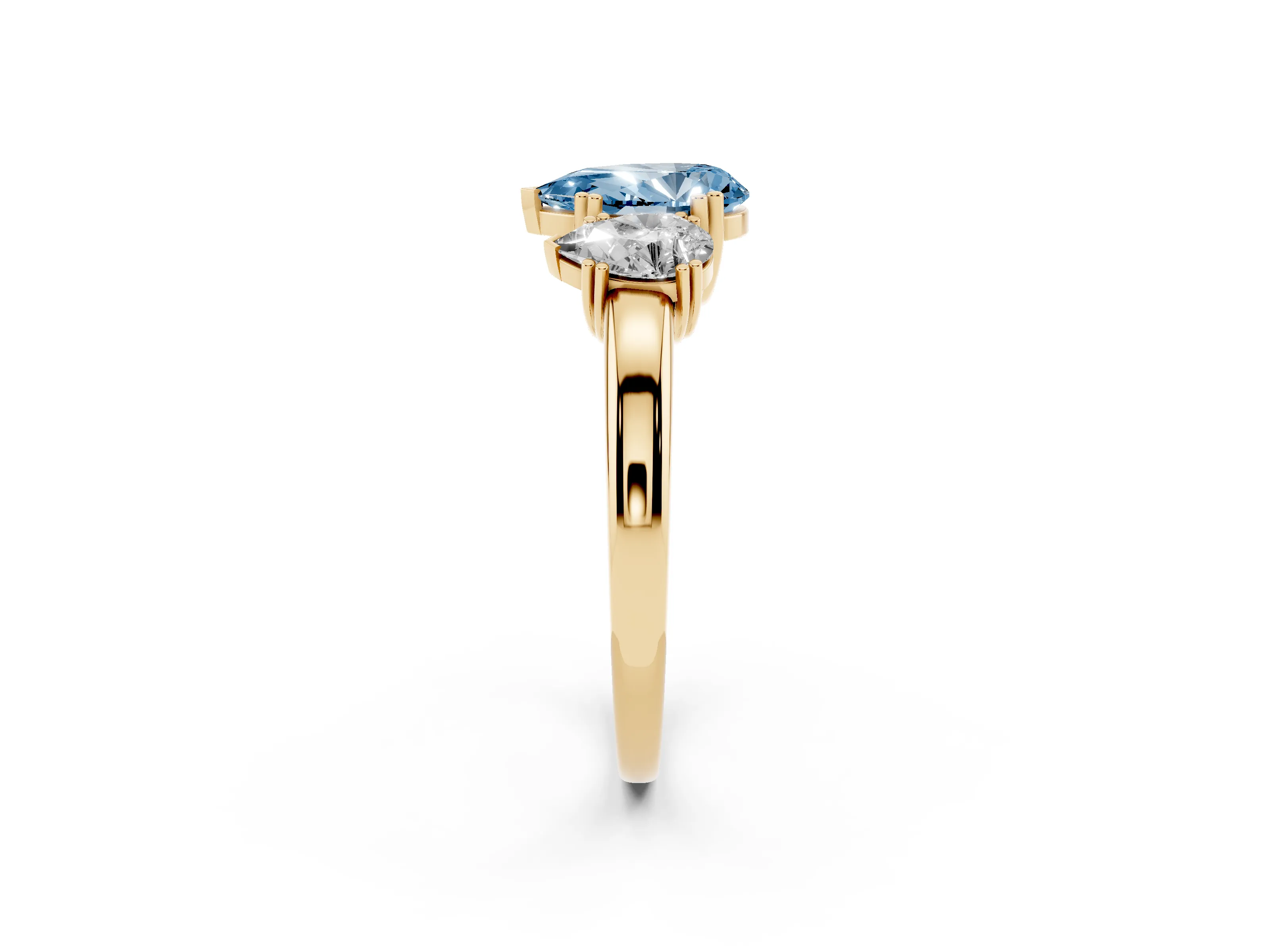 Fancy Blue Pear Cut Diamond Three-Stone Ring Set in Yellow gold with Polished Channel-Set Band