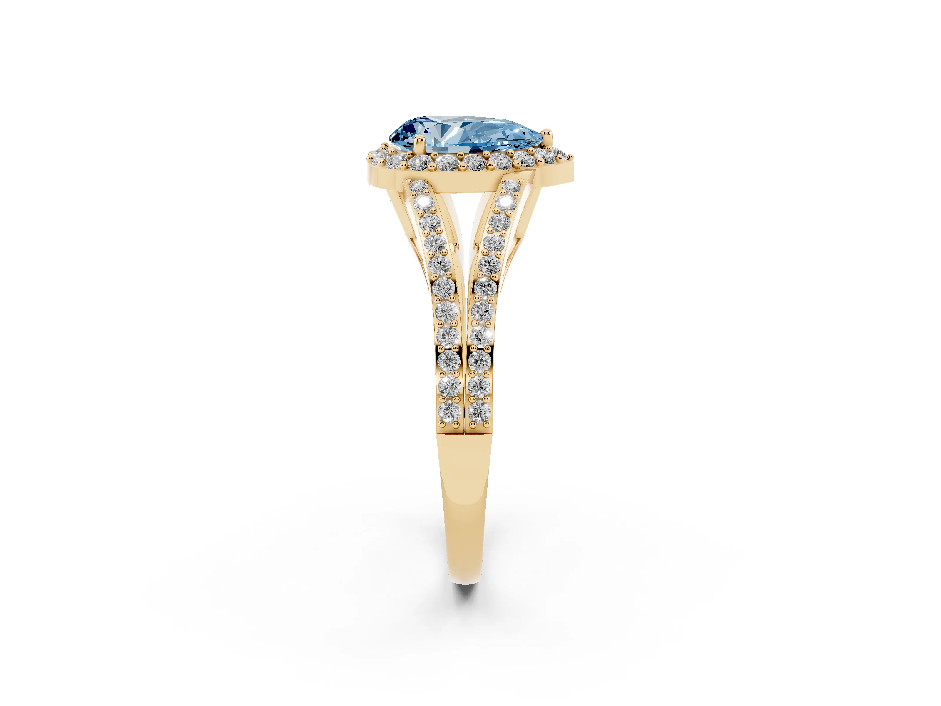 Fancy Blue Pear Cut Diamond Halo Split Shank Pavé Ring Set in Yellow gold with Prong Setting
