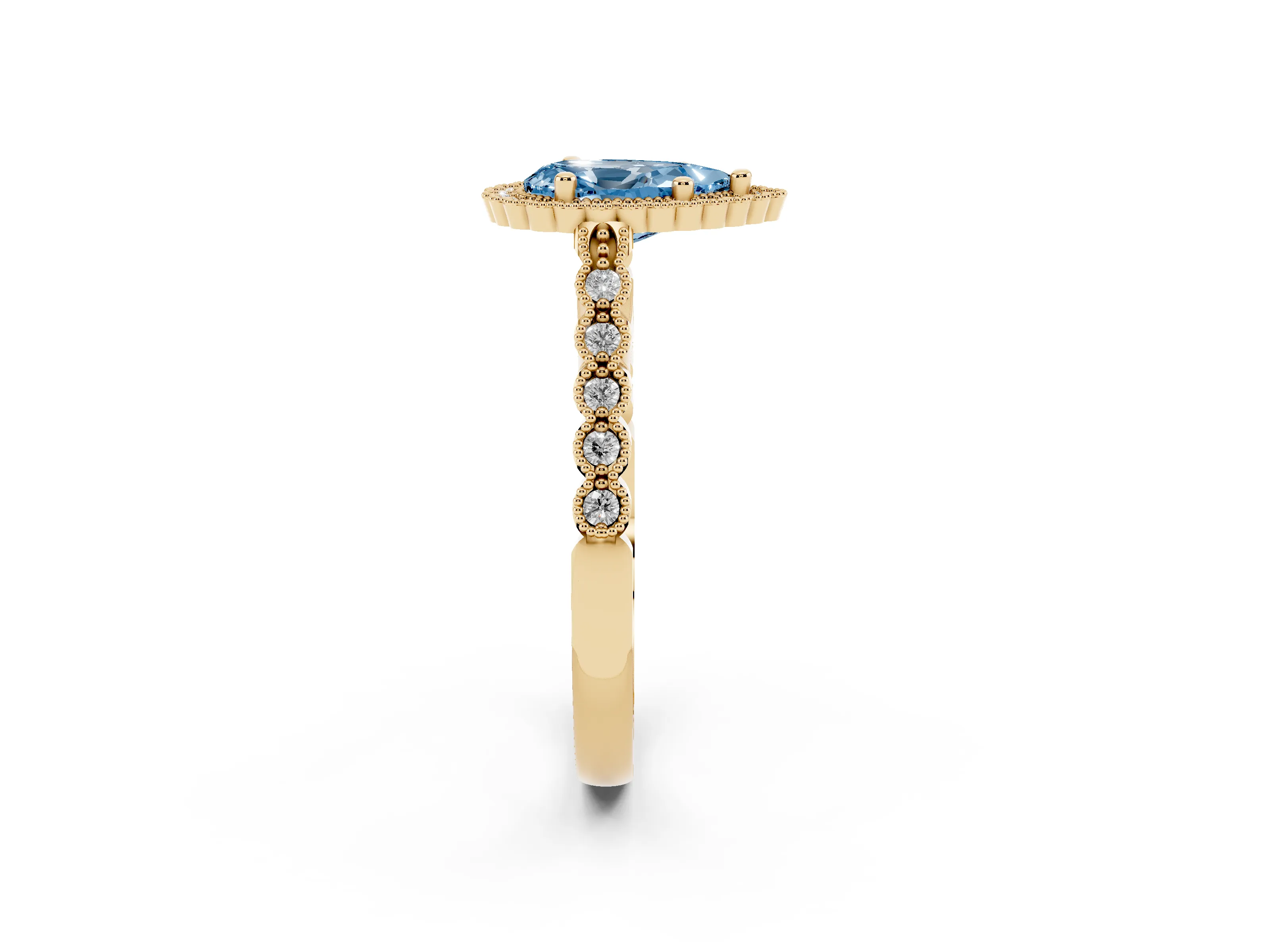 Fancy Blue Pear Cut Diamond Halo Ring Set in Yellow gold with Pavé Milgrain Band