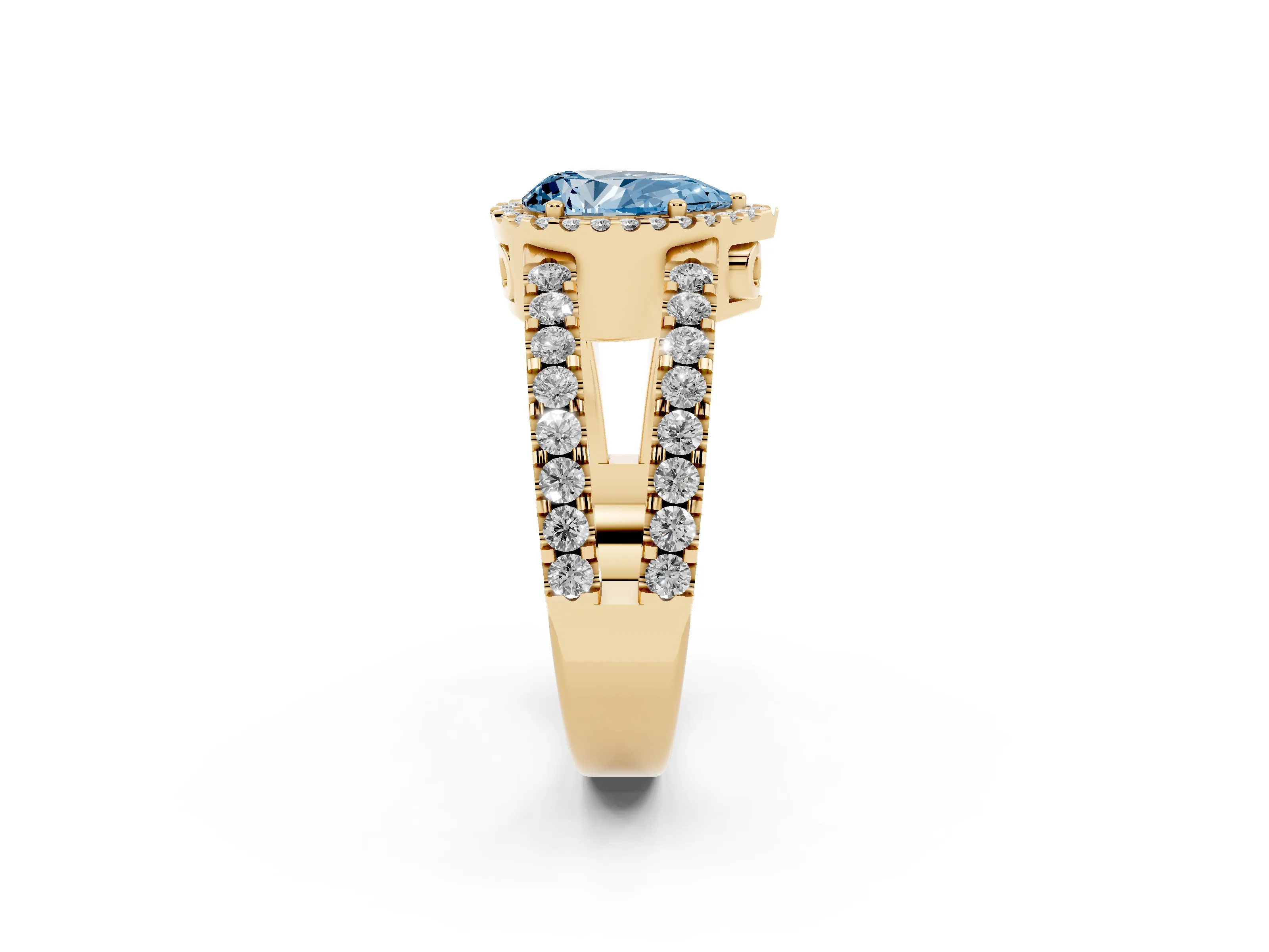 Fancy Blue Pear Cut Diamond Halo Ring Set in Yellow gold with Pavé Split Shank and Prong Setting