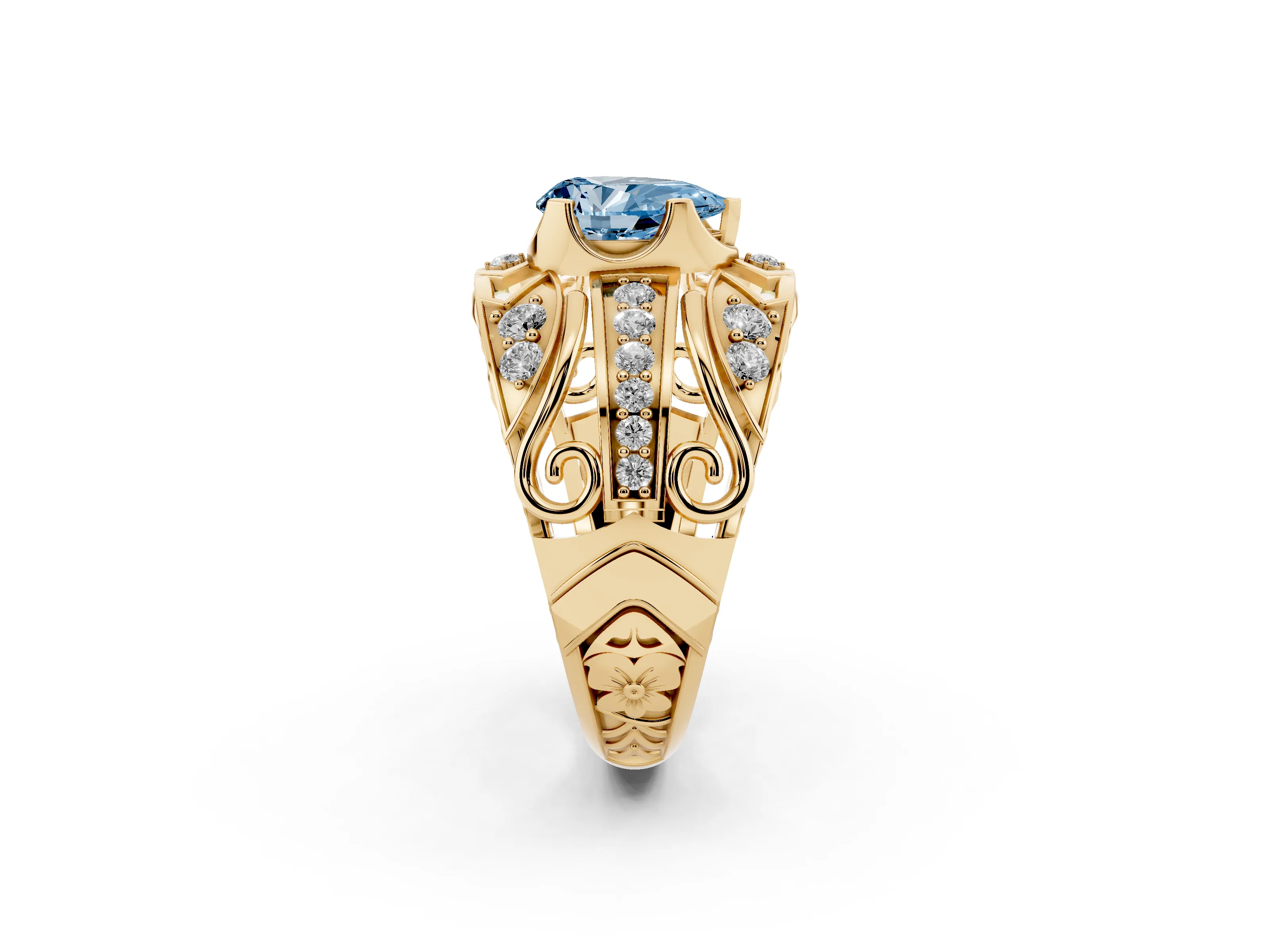 Fancy Blue Pear Cut Diamond Art Deco Ring Set in Yellow gold with Pavé Split Shank