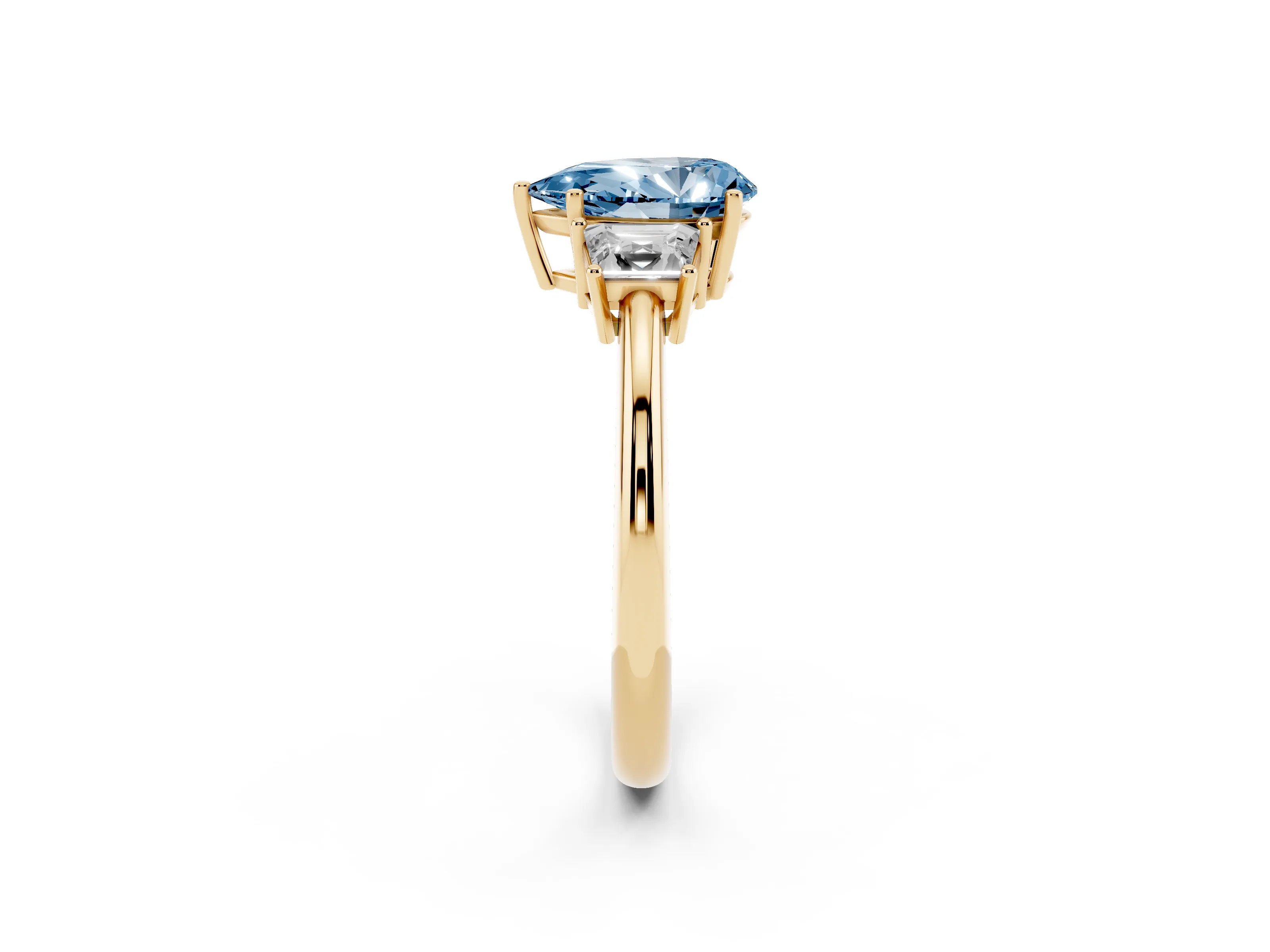 Fancy Blue Pear Cut Diamond Three-Stone Ring Set in Yellow gold with Trapezoid Side Stones and Prong Setting