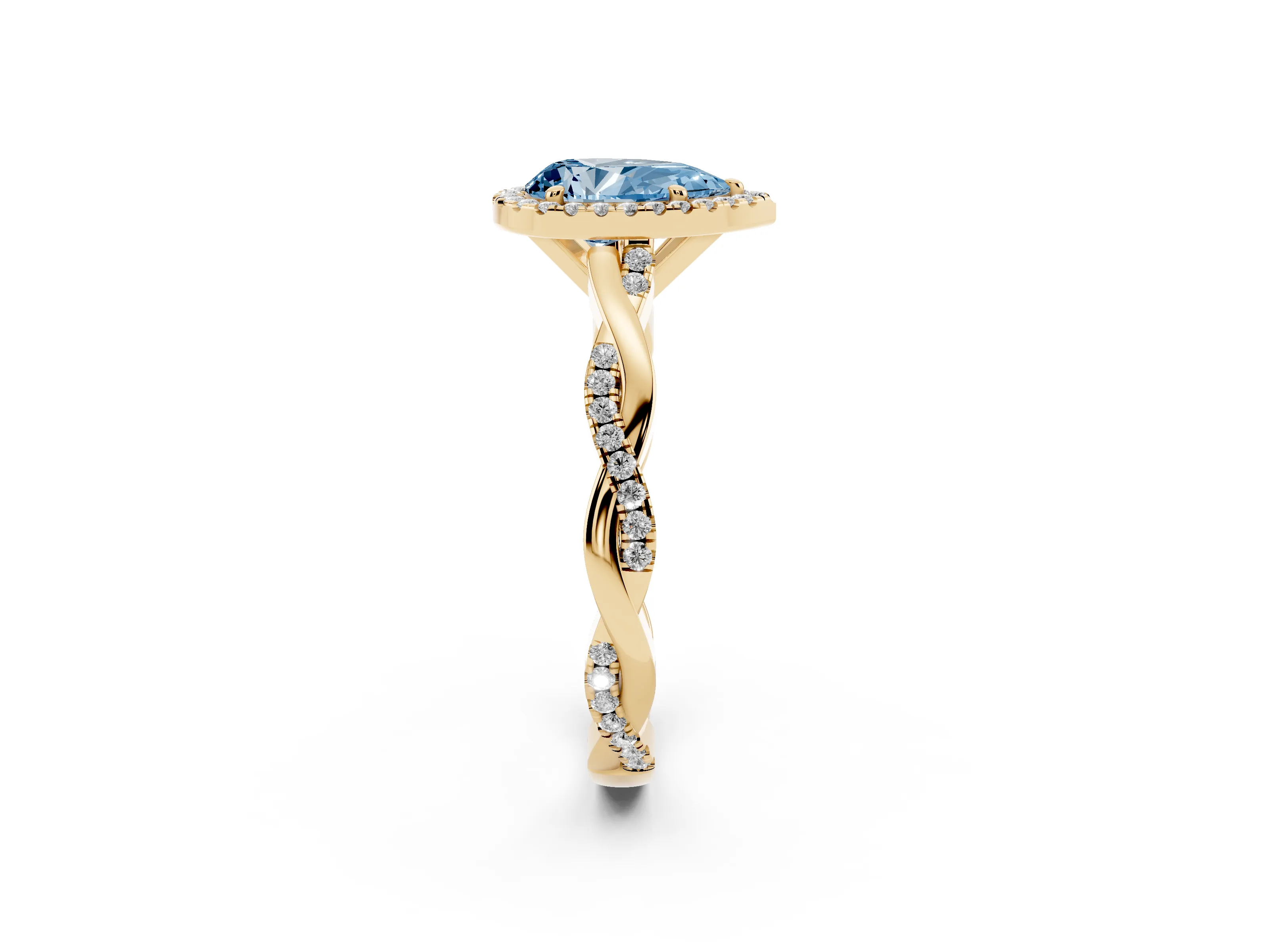 Fancy Blue Pear Cut Diamond Halo Twisted Band Ring Set in Yellow gold with Prong Setting