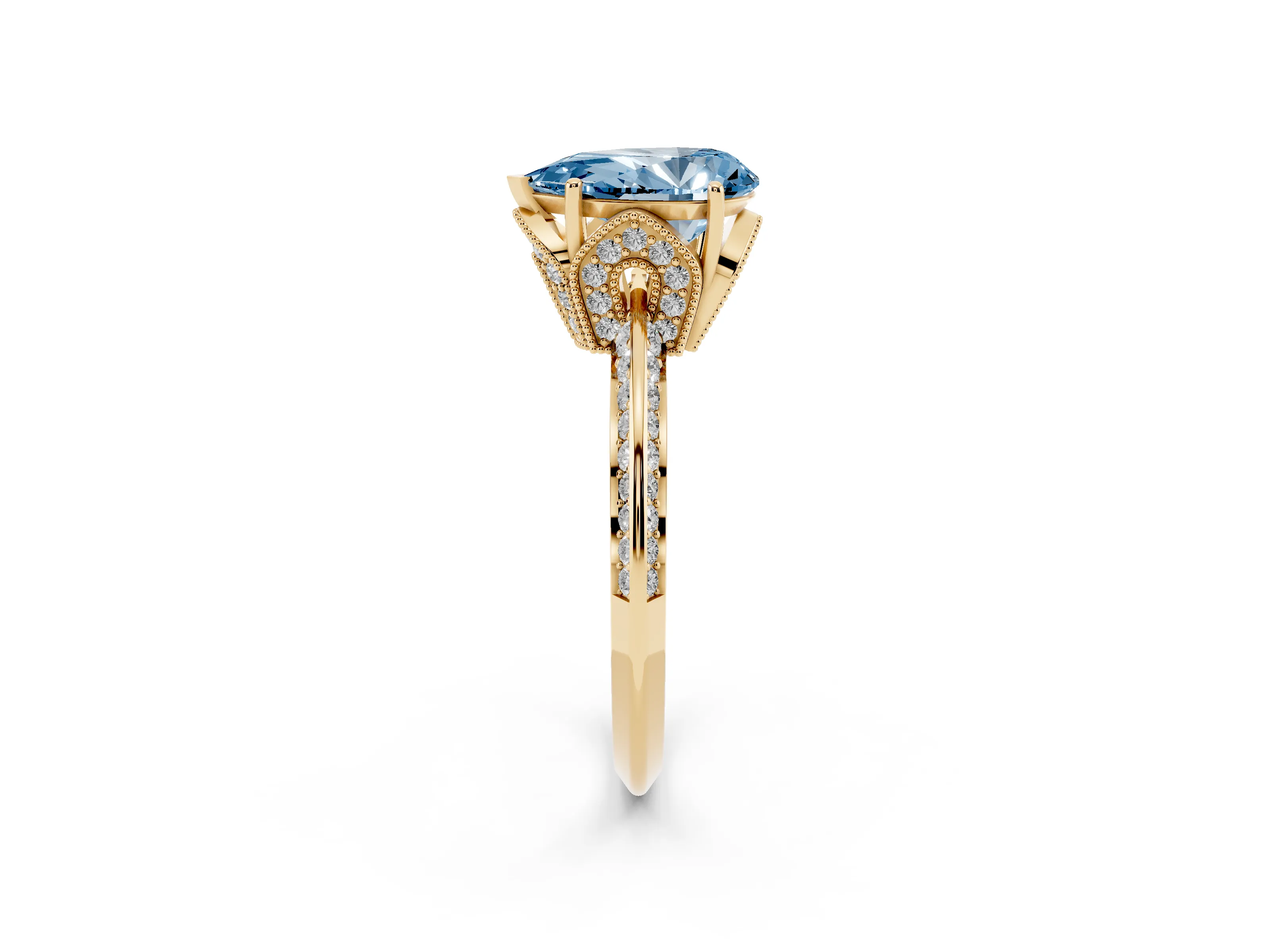 Fancy Blue Pear Cut Diamond Solitaire Engagement Ring Set in Yellow gold with Pavé Split Shank and Prong Setting