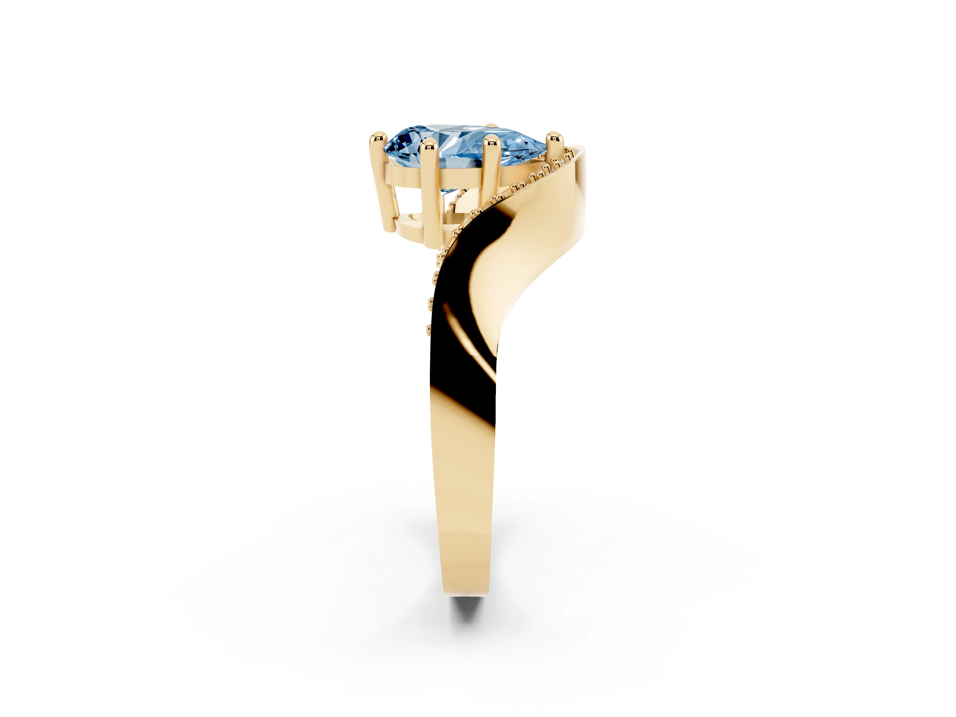 Fancy Blue Pear Cut Diamond Solitaire Engagement Ring Set in Yellow gold with Pavé Shoulders