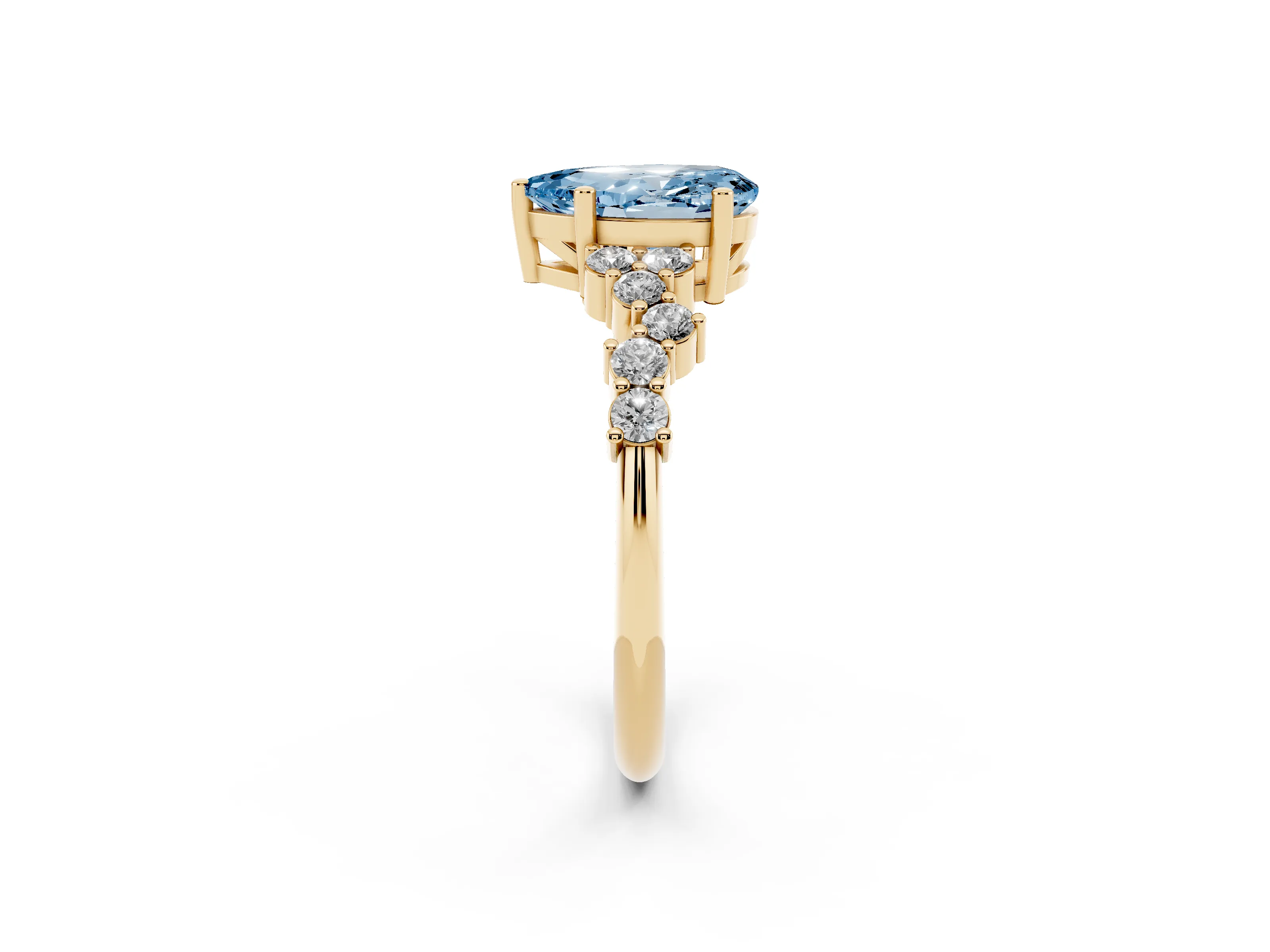 Fancy Blue Pear Cut Diamond Ring Set in Yellow gold with Scattered Round Accents