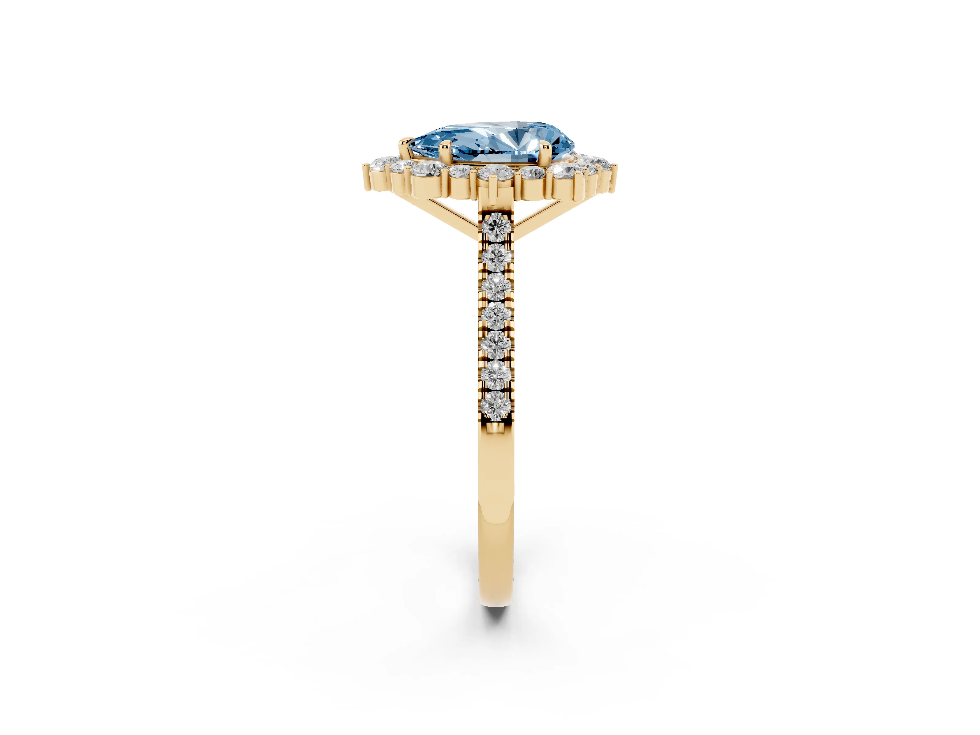 Fancy Blue Pear Cut Diamond Halo Ring Set in Yellow gold with Pavé Band and Prong Setting