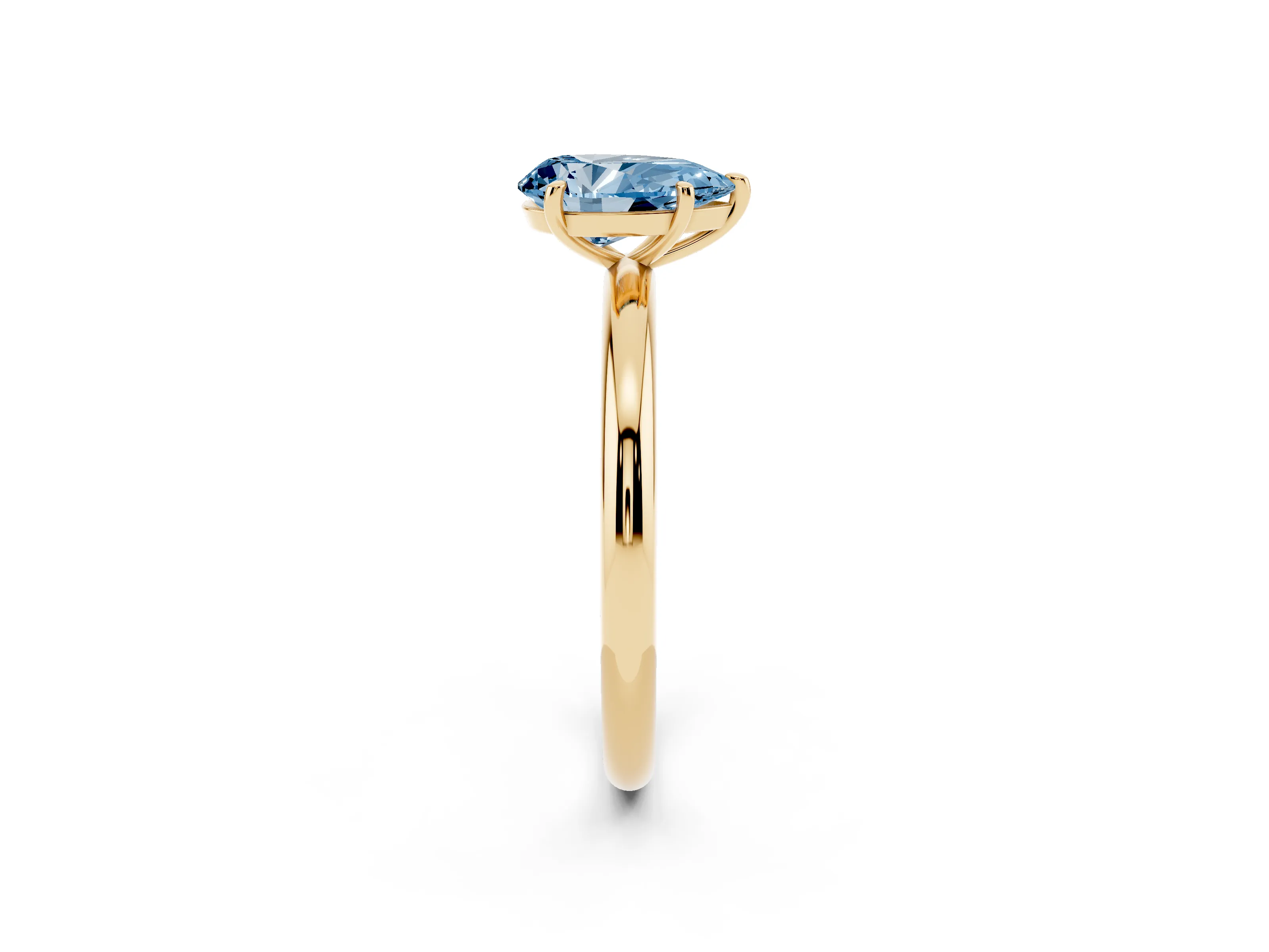 Fancy Blue Pear Cut Diamond Solitaire Ring Set in Yellow gold with Prong Setting on a Polished Plain Band