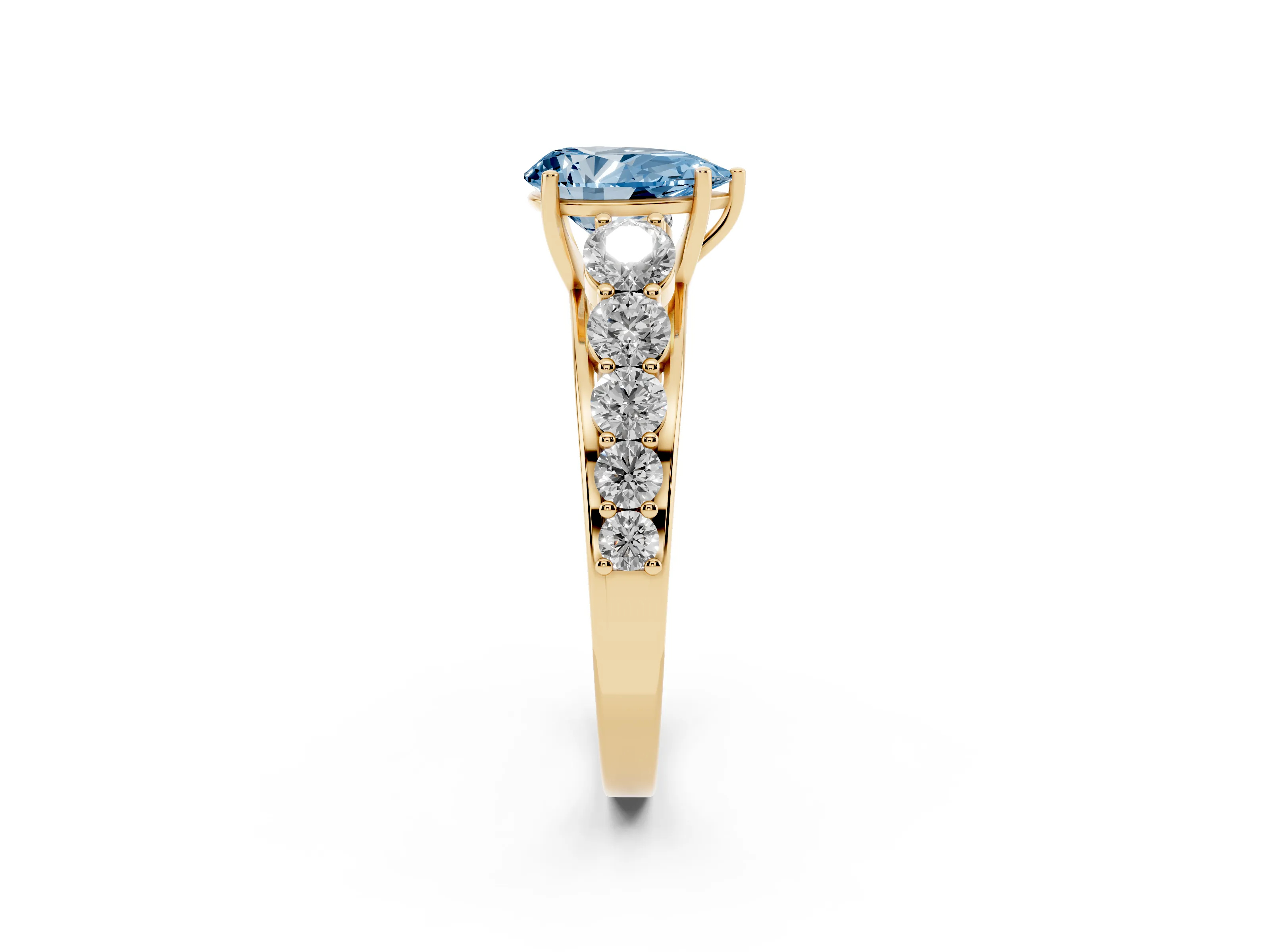 Fancy Blue Pear Cut Diamond Solitaire Ring Set in Yellow gold with Pavé-Set Band and Prong Setting