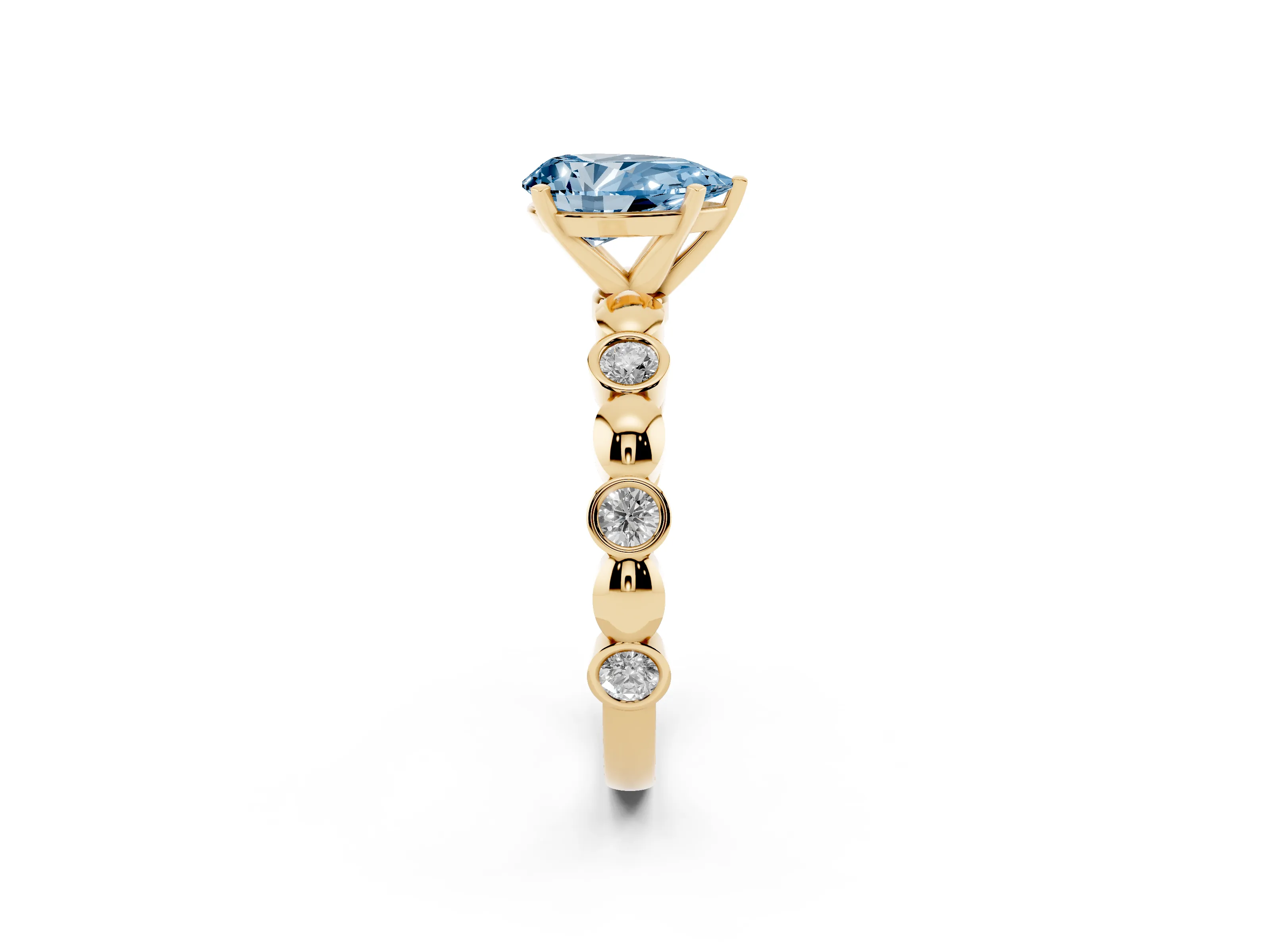Fancy Blue Pear Cut Diamond Solitaire Ring Set in Yellow gold with Bezel-Set Accents on Beaded Band and Prong Setting